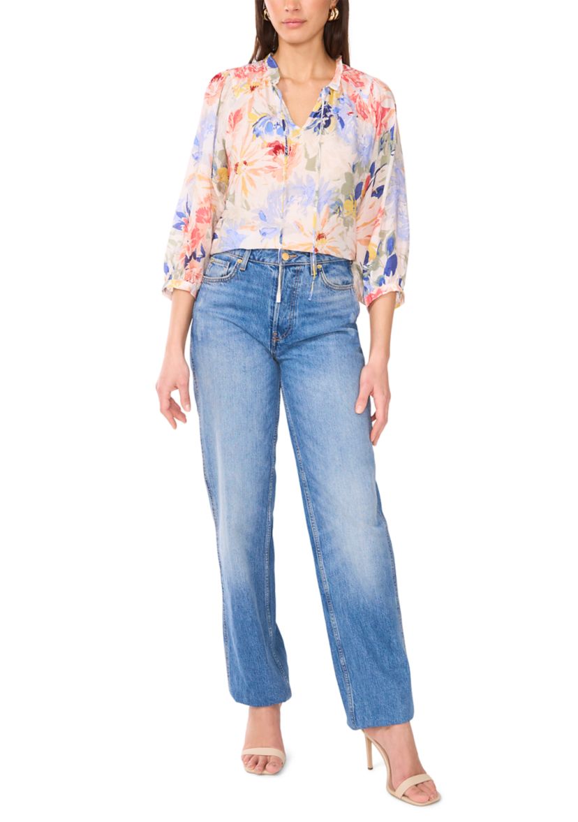Womens Floral Printed Split Neck Blouse