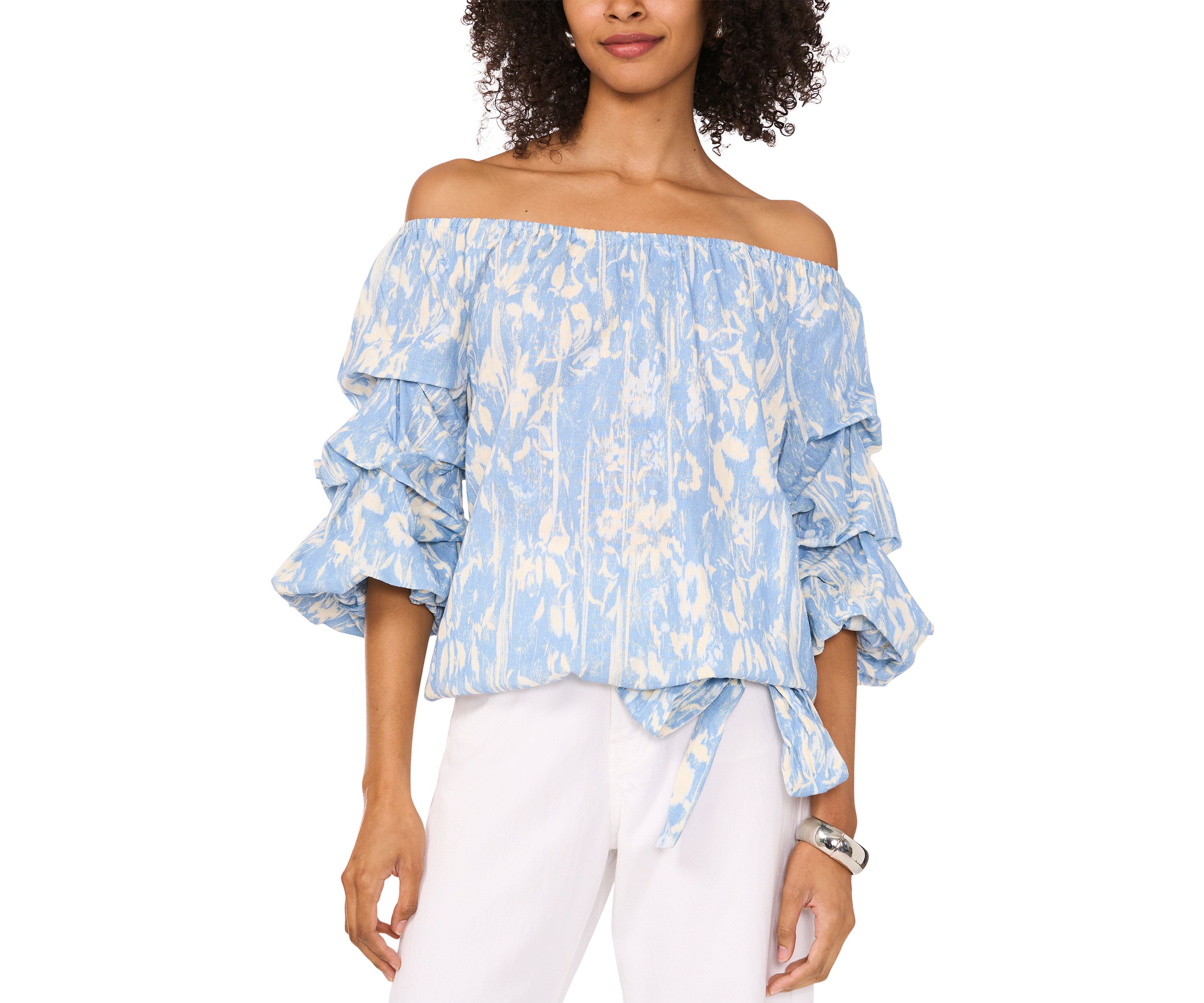 Womens Printed Tie Waist Off the Shoulder Blouse