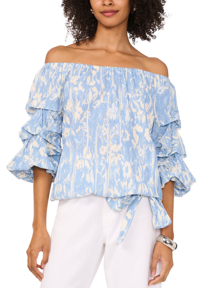 Womens Printed Tie Waist Off the Shoulder Blouse