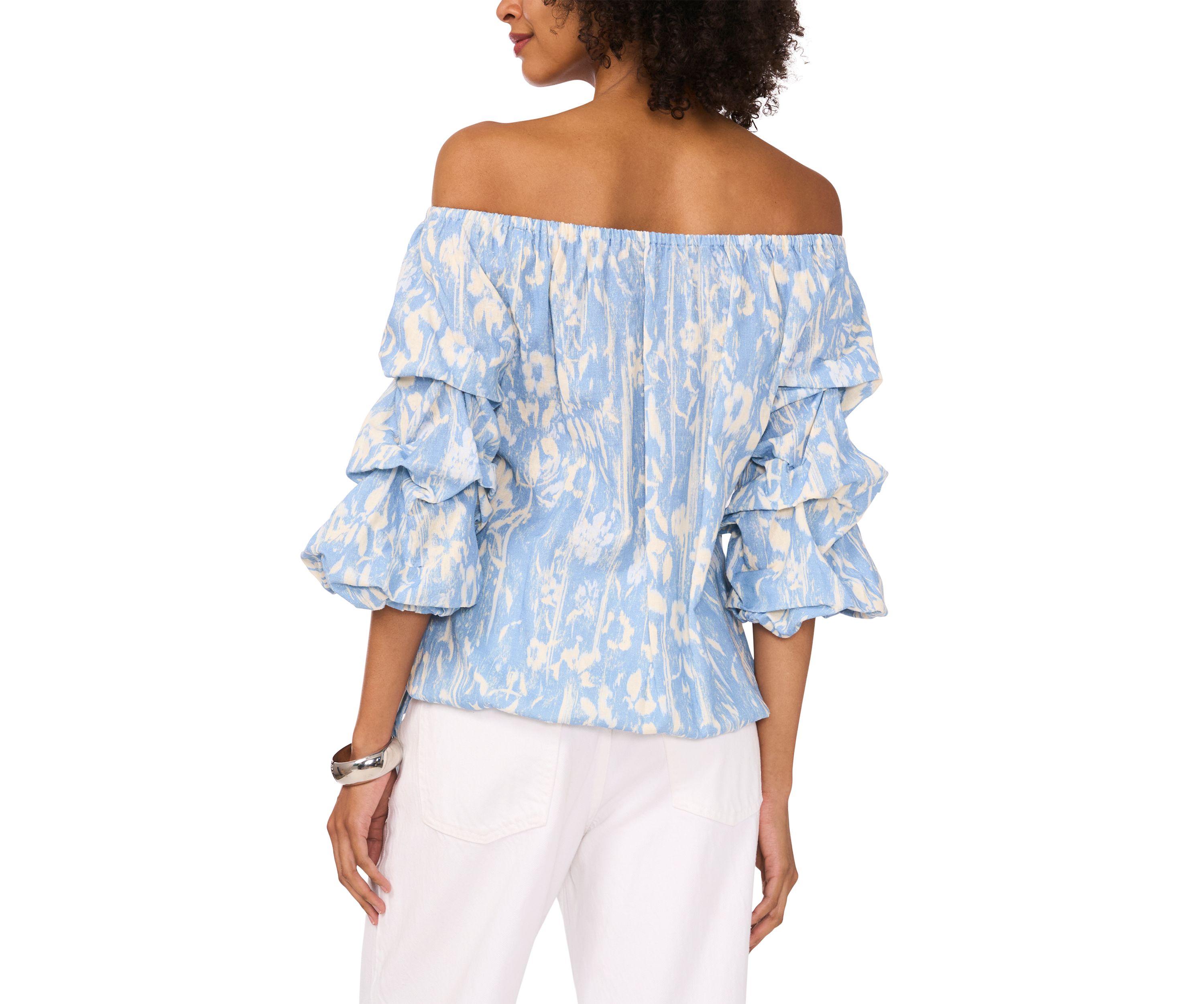 Womens Printed Tie Waist Off the Shoulder Blouse