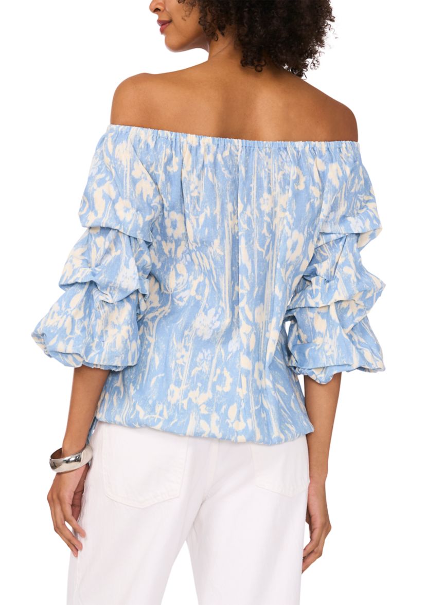 Womens Printed Tie Waist Off the Shoulder Blouse