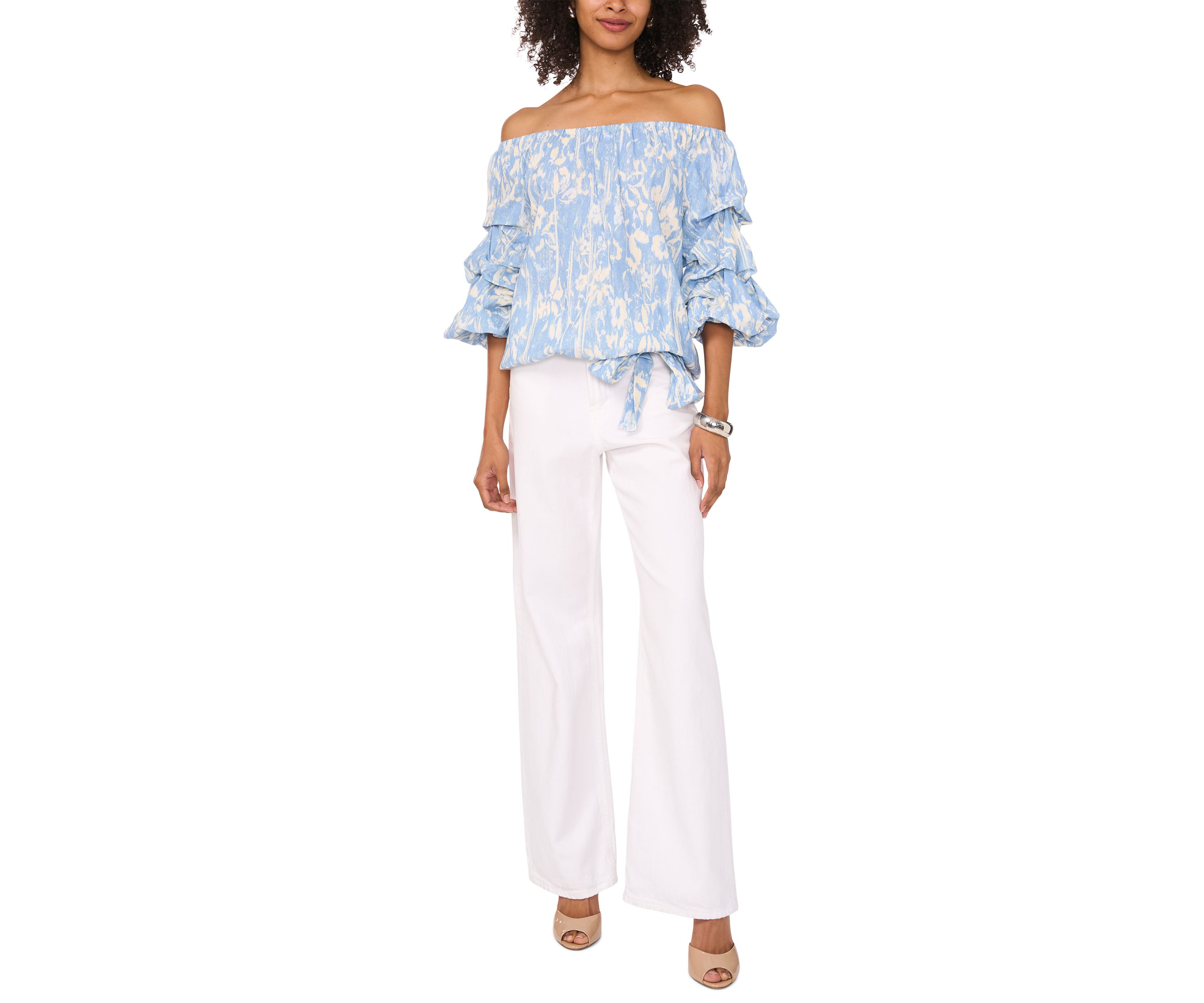 Womens Printed Tie Waist Off the Shoulder Blouse