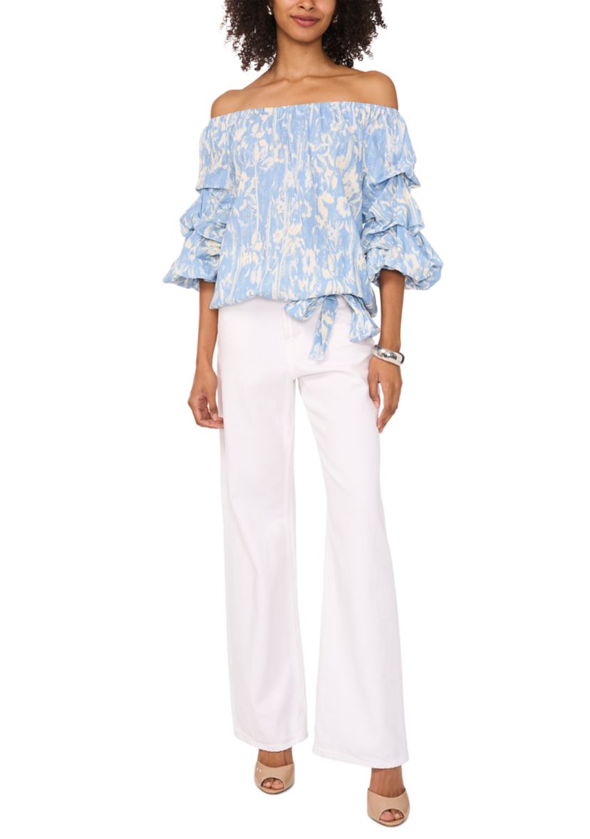 Womens Printed Tie Waist Off the Shoulder Blouse