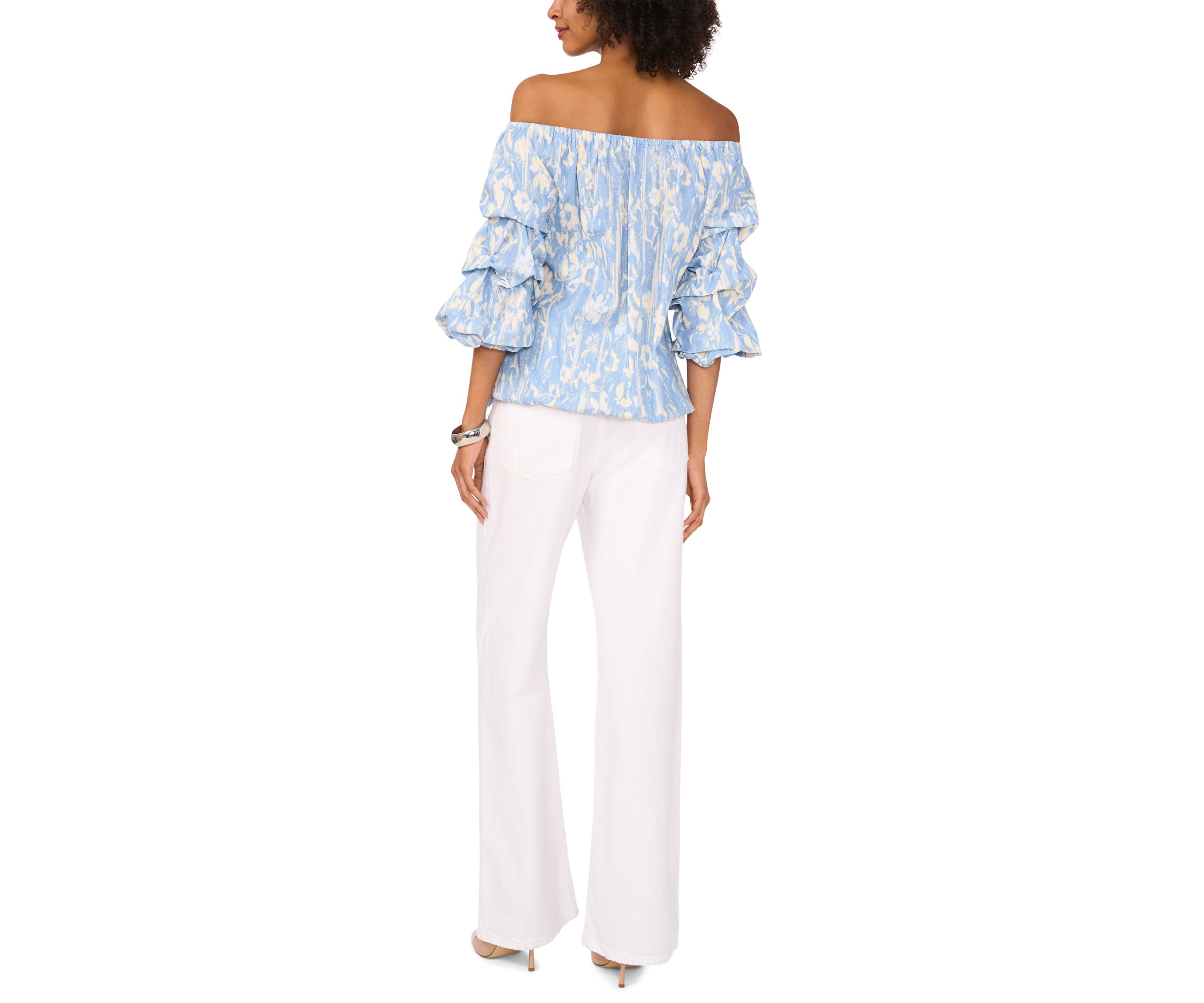 Womens Printed Tie Waist Off the Shoulder Blouse