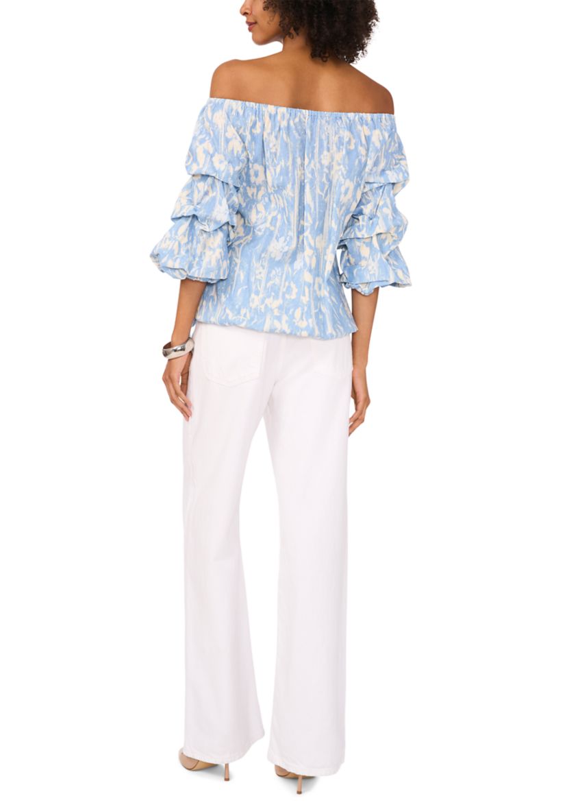 Womens Printed Tie Waist Off the Shoulder Blouse