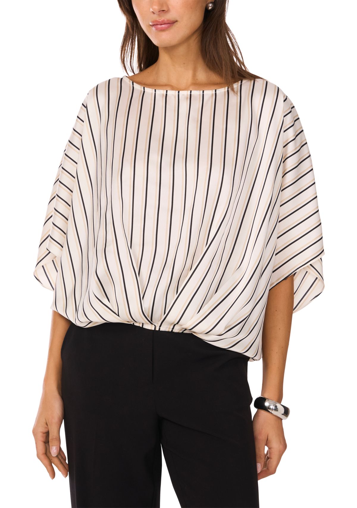 Womens 3/4 Sleeve Stripe Tuck Front Blouse
