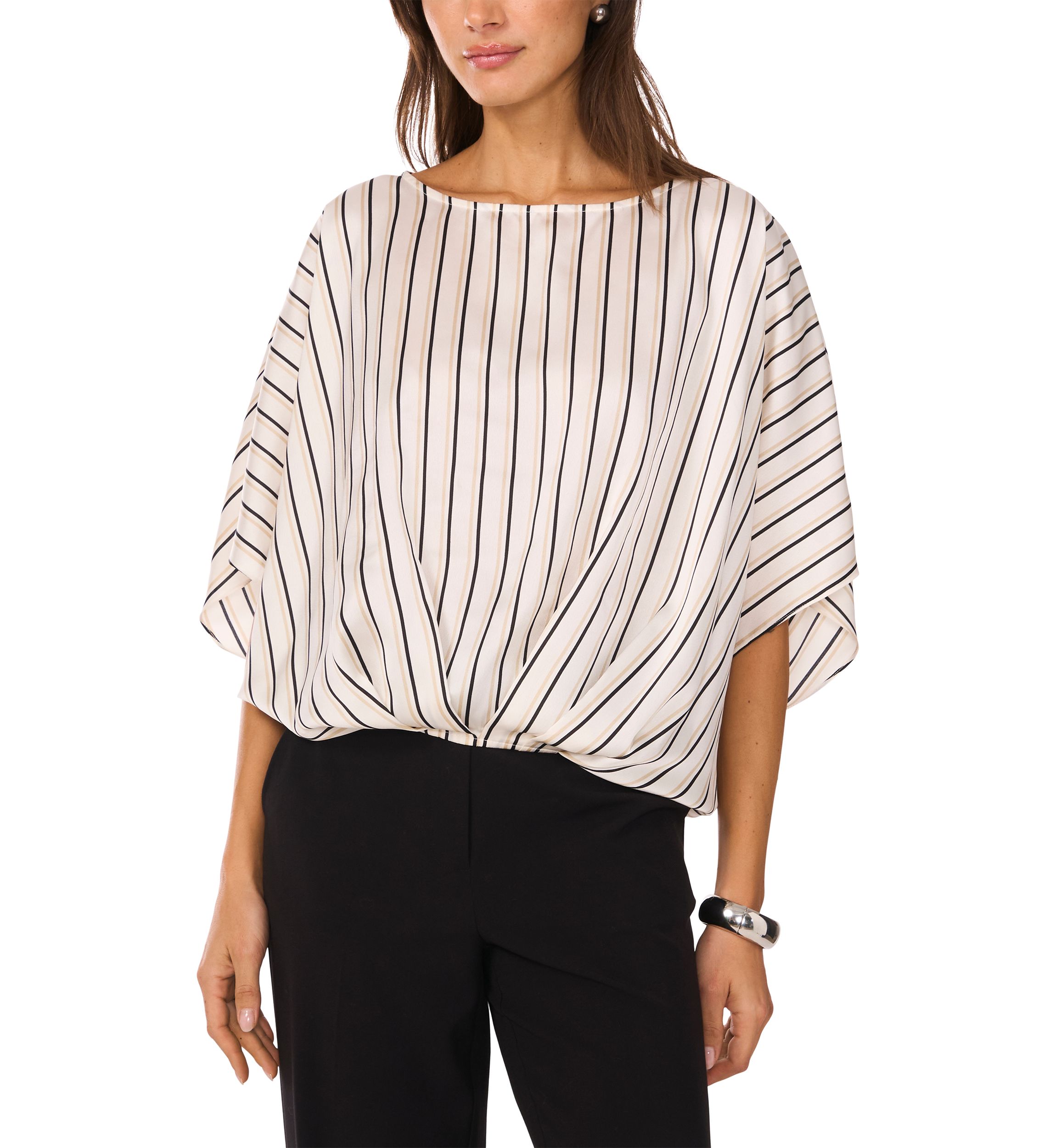 Womens 3/4 Sleeve Stripe Tuck Front Blouse