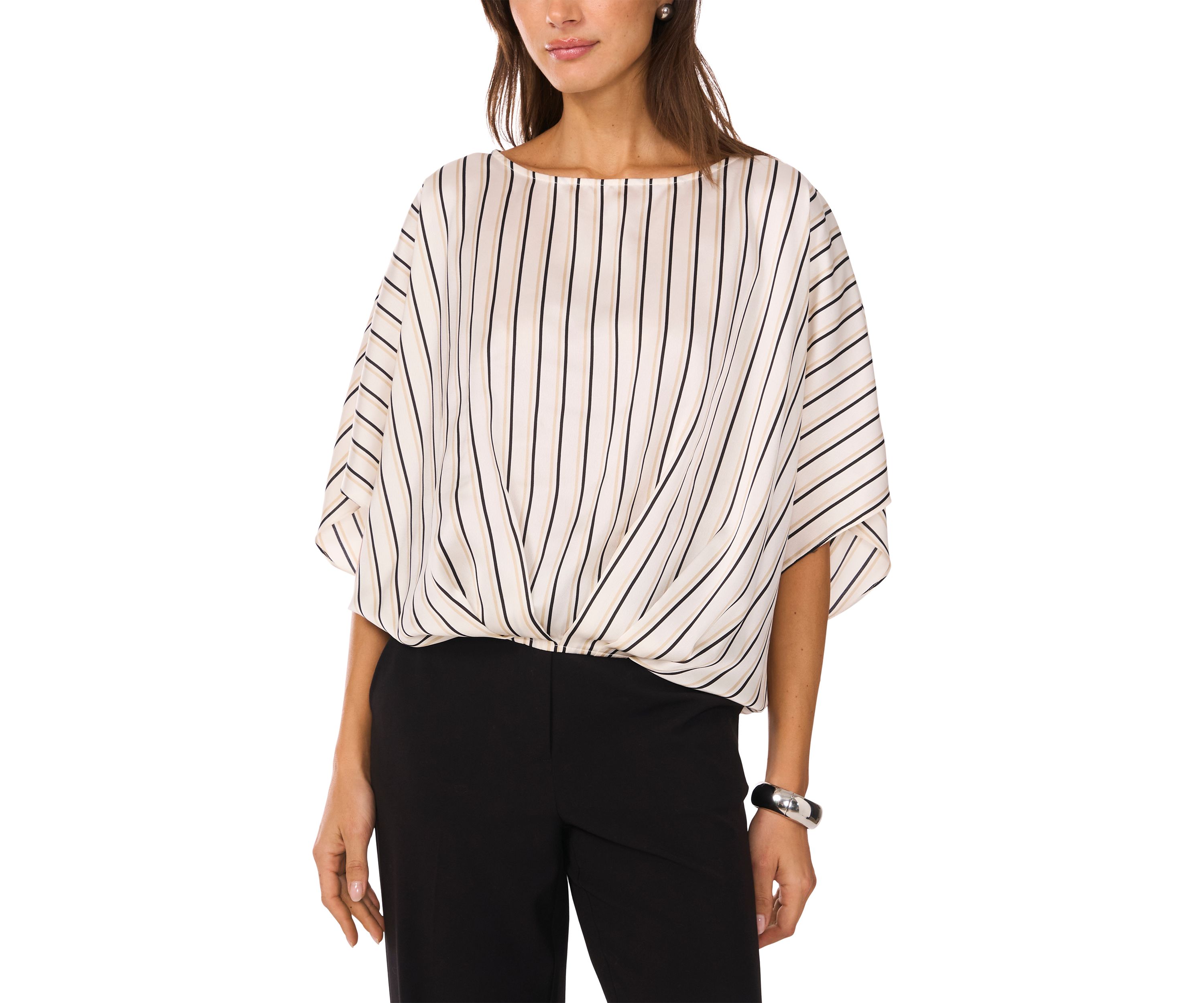 Womens 3/4 Sleeve Stripe Tuck Front Blouse