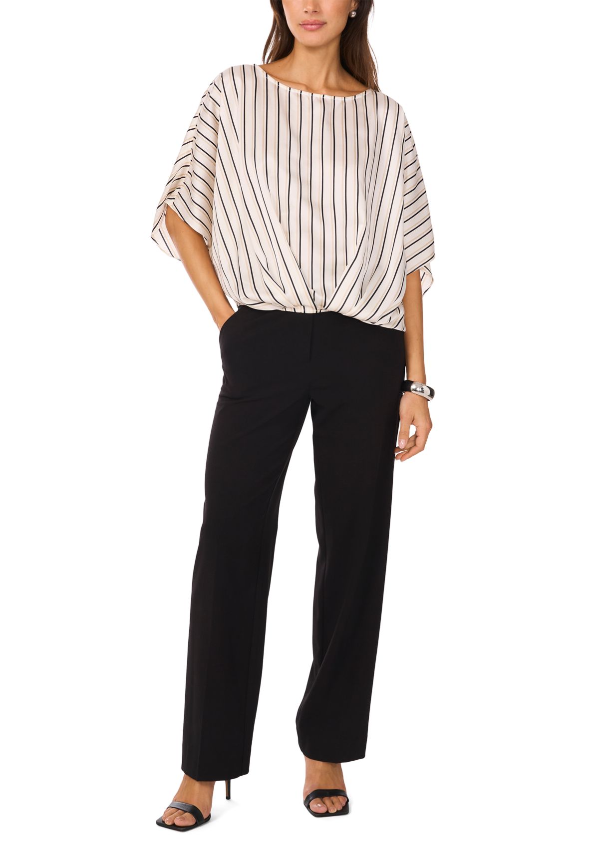 Womens 3/4 Sleeve Stripe Tuck Front Blouse