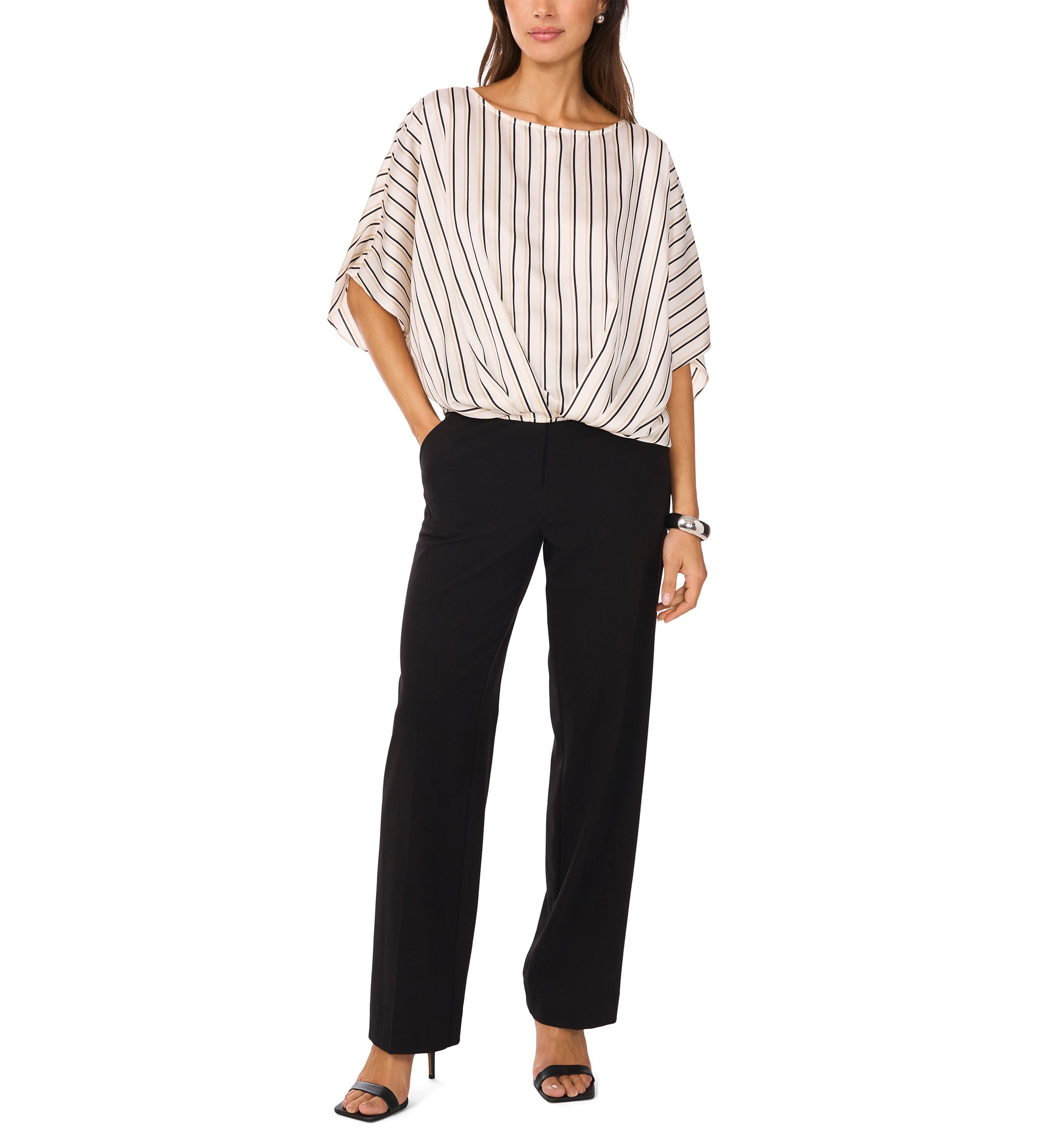 Womens 3/4 Sleeve Stripe Tuck Front Blouse