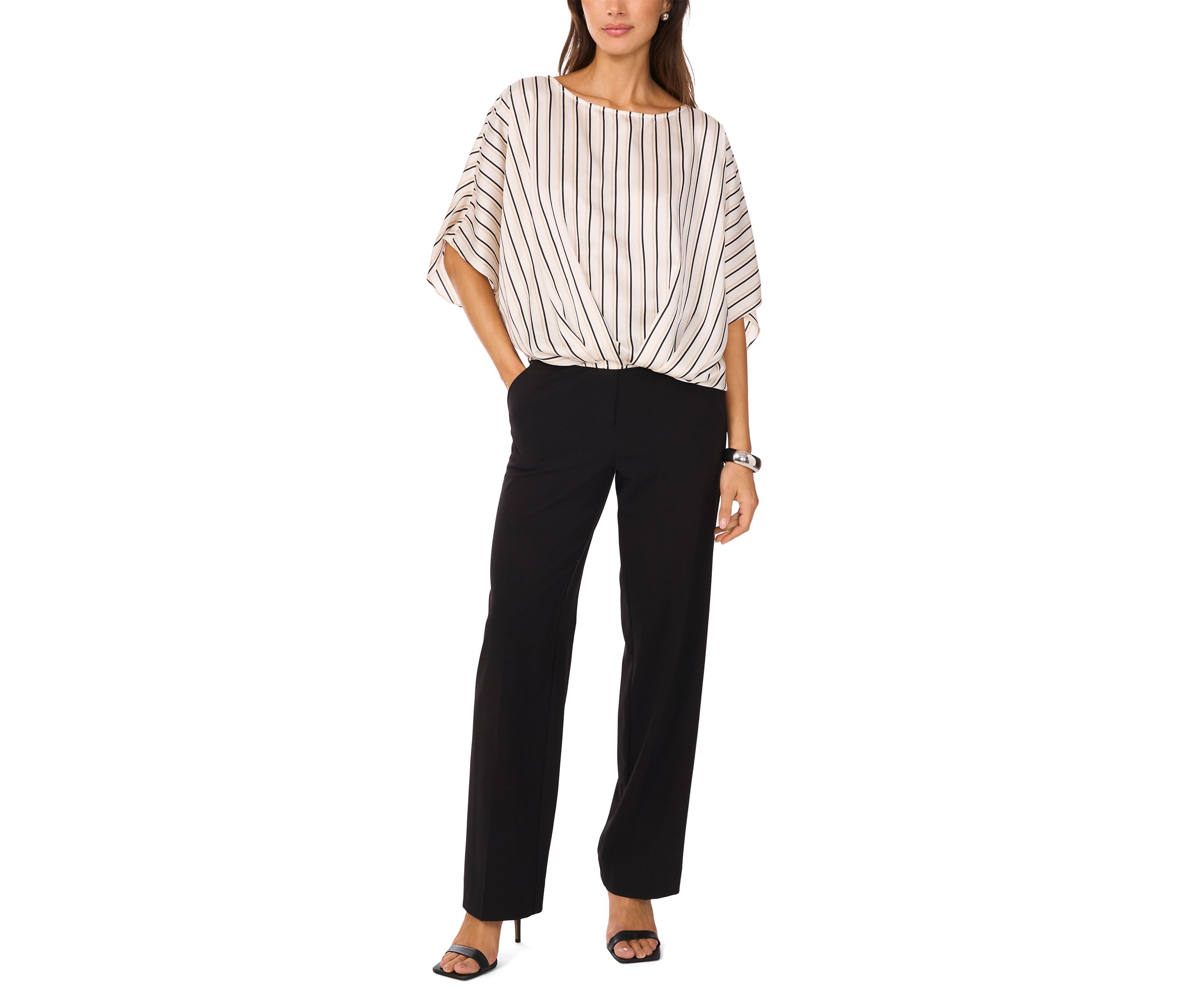 Womens 3/4 Sleeve Stripe Tuck Front Blouse