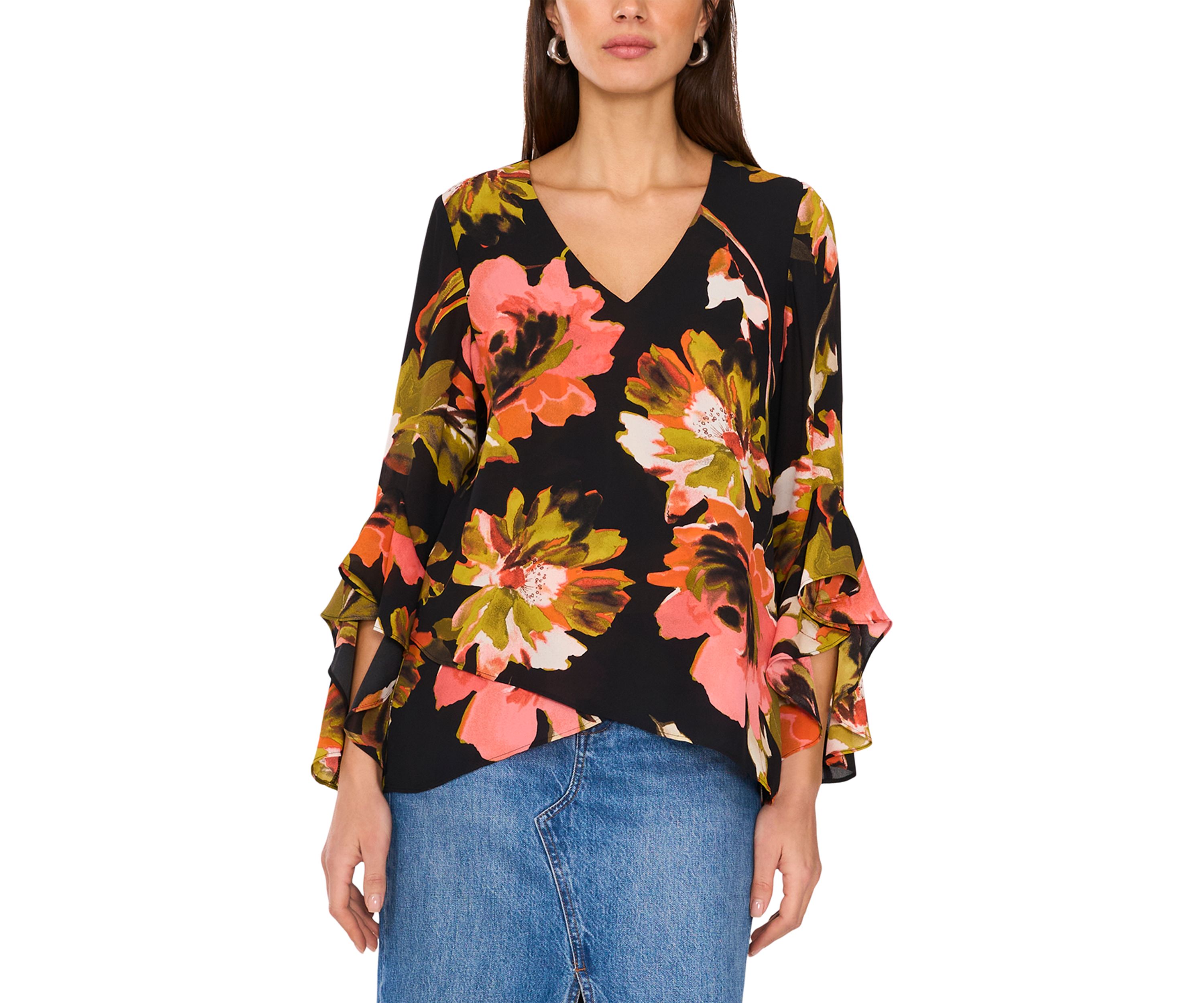 Womens 3/4 Ruffle Sleeve V-Neck Blouse