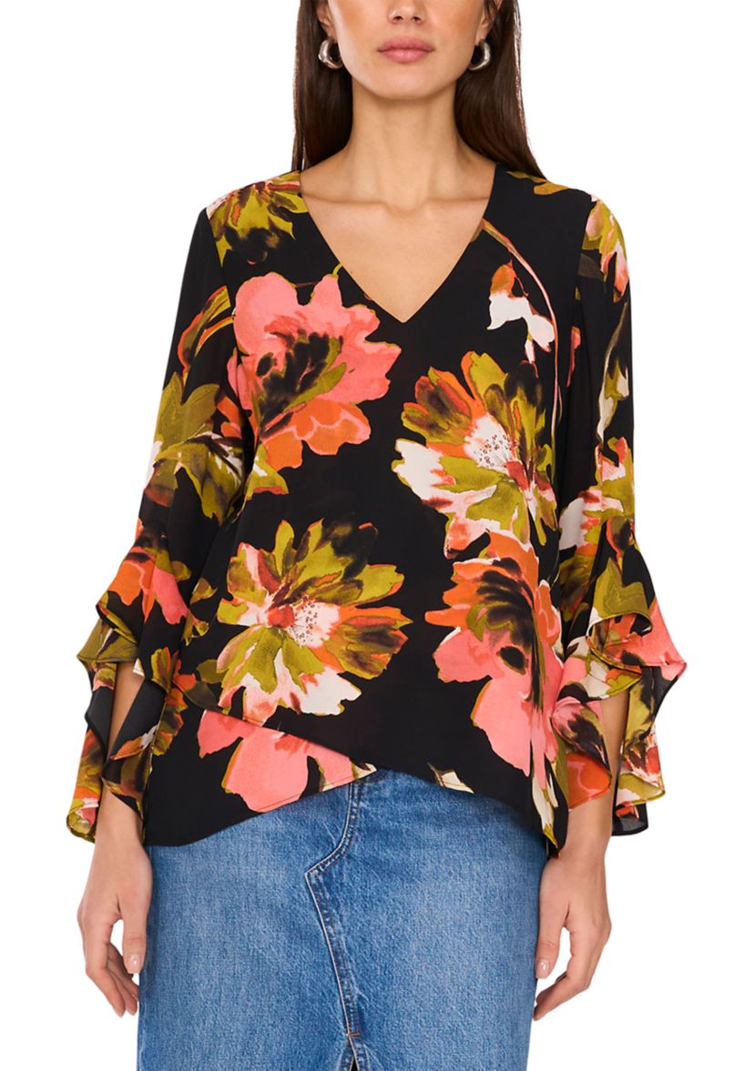 Womens 3/4 Ruffle Sleeve V-Neck Blouse