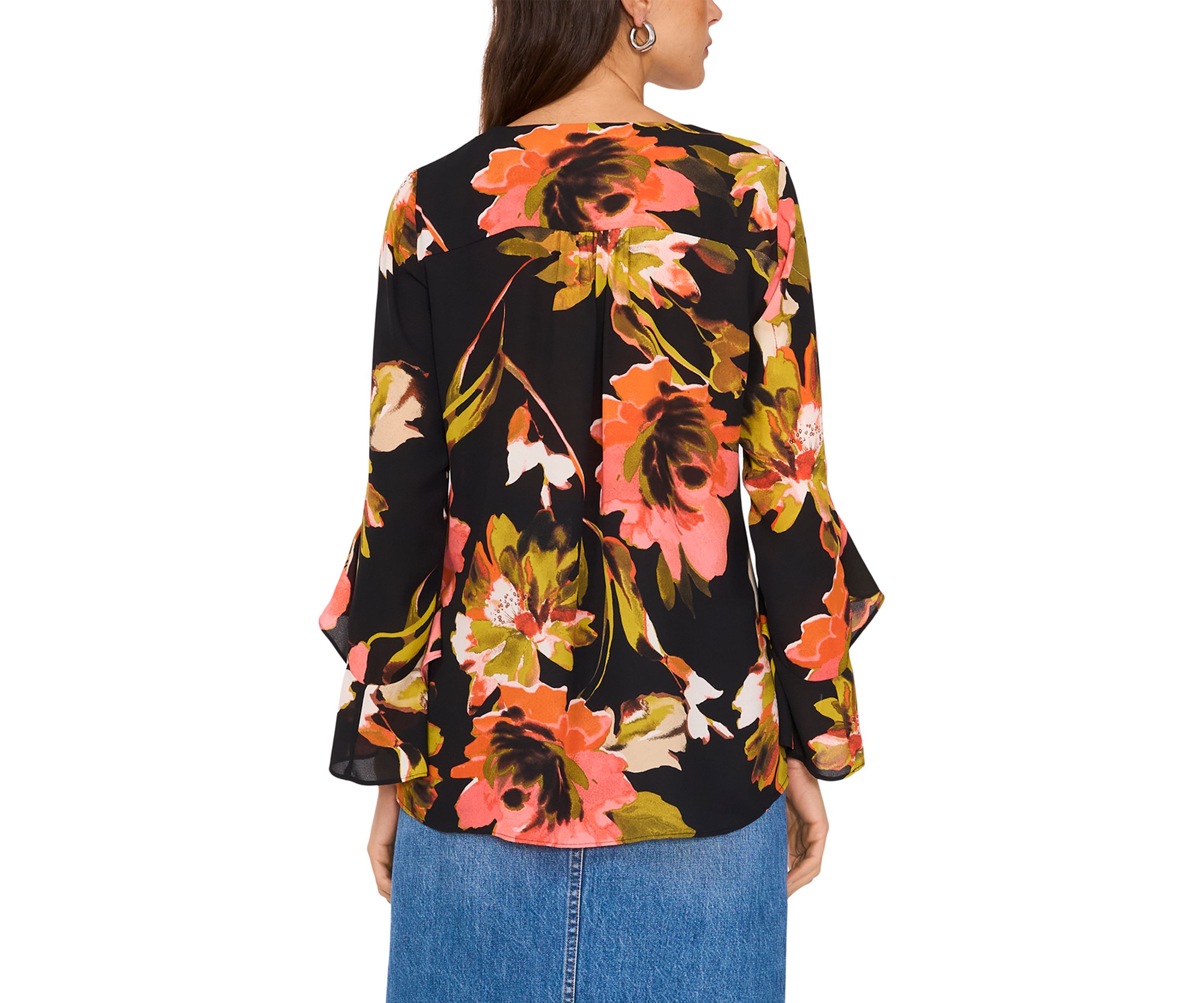 Womens 3/4 Ruffle Sleeve V-Neck Blouse
