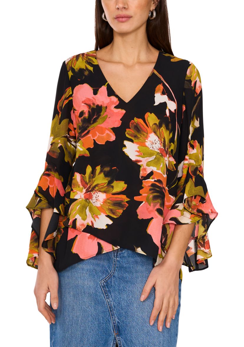 Womens 3/4 Ruffle Sleeve V-Neck Blouse