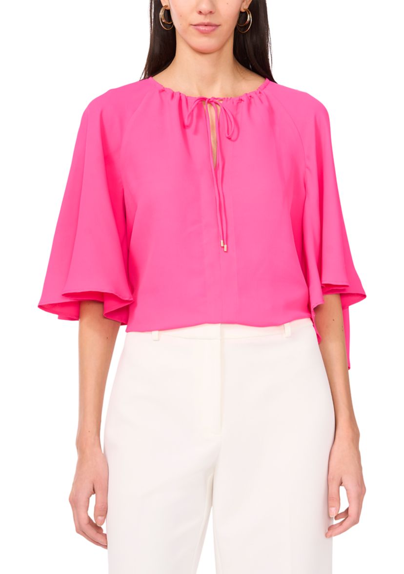 Womens Flutter Sleeve Tie Neck Solid Blouse