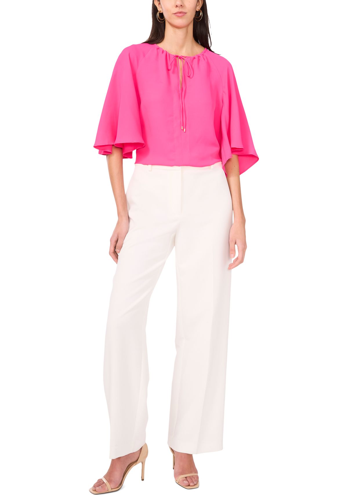 Womens Flutter Sleeve Tie Neck Solid Blouse
