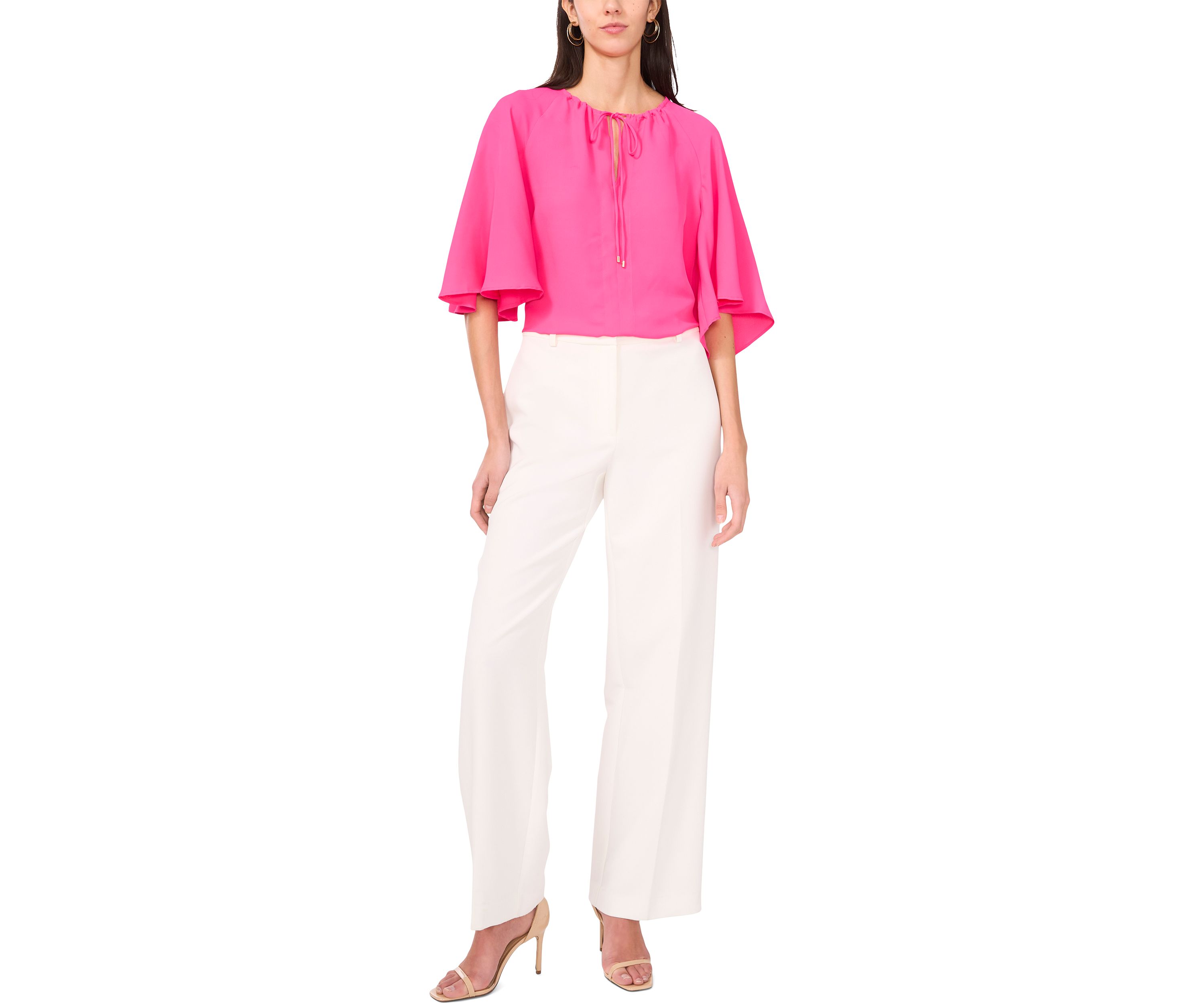 Womens Flutter Sleeve Tie Neck Solid Blouse
