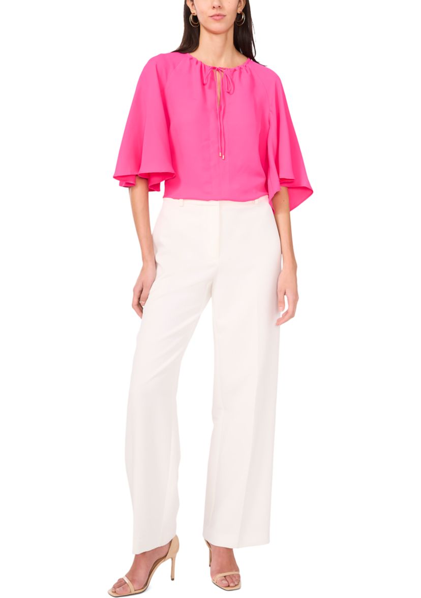Womens Flutter Sleeve Tie Neck Solid Blouse