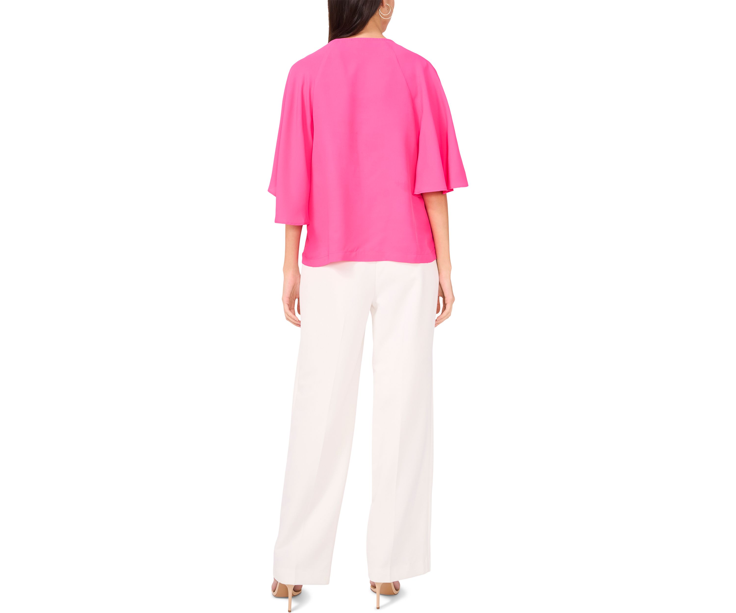Womens Flutter Sleeve Tie Neck Solid Blouse