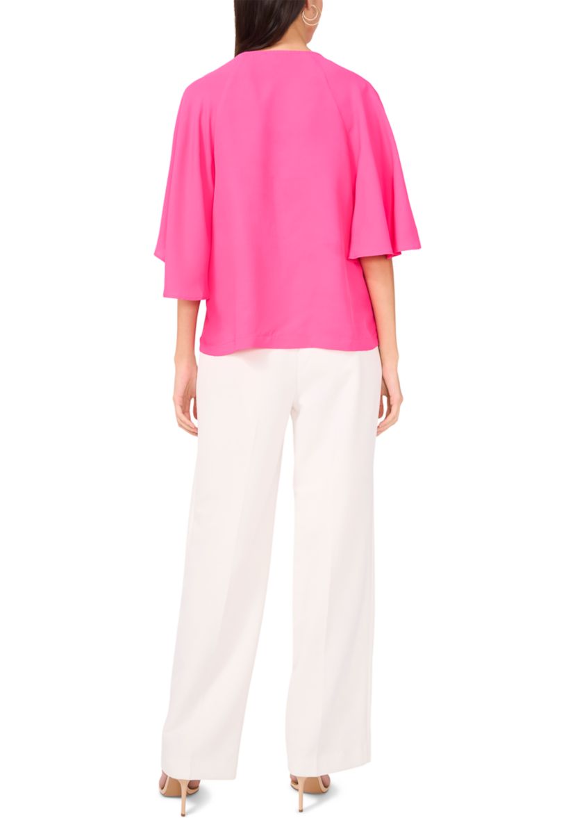 Womens Flutter Sleeve Tie Neck Solid Blouse