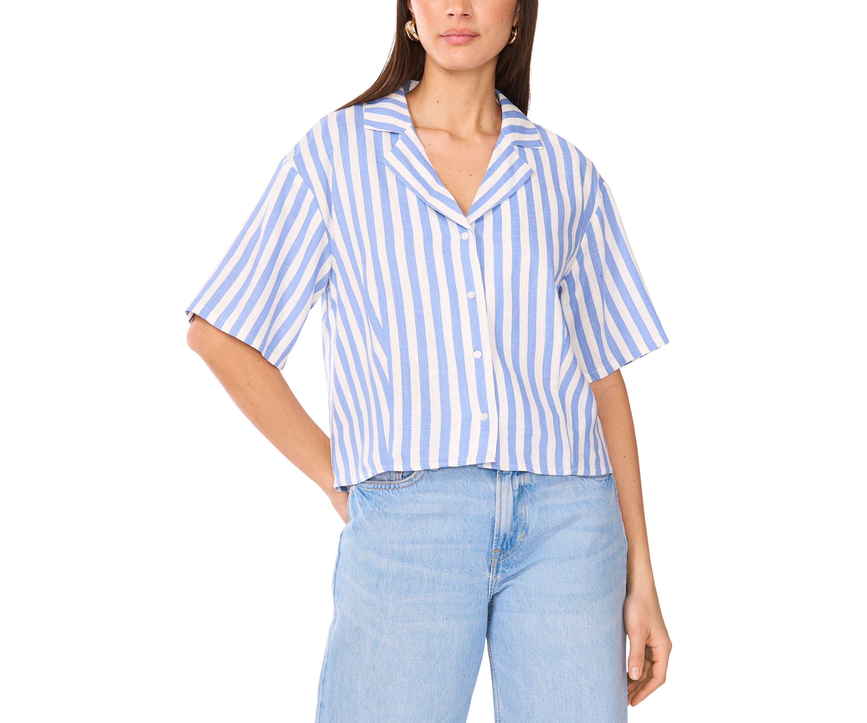 Womens Stripe Linen Blend Camp Shirt