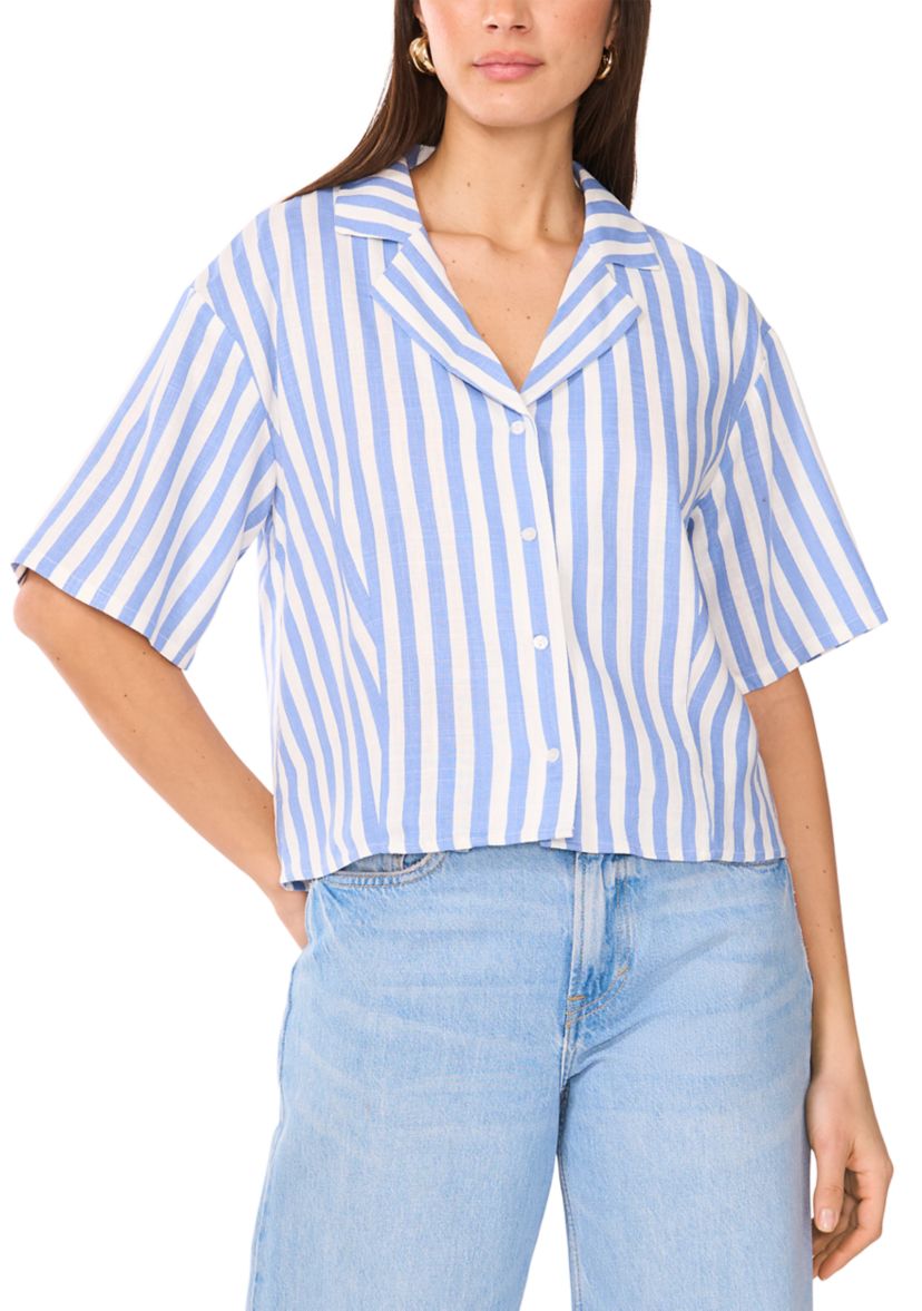 Womens Stripe Linen Blend Camp Shirt