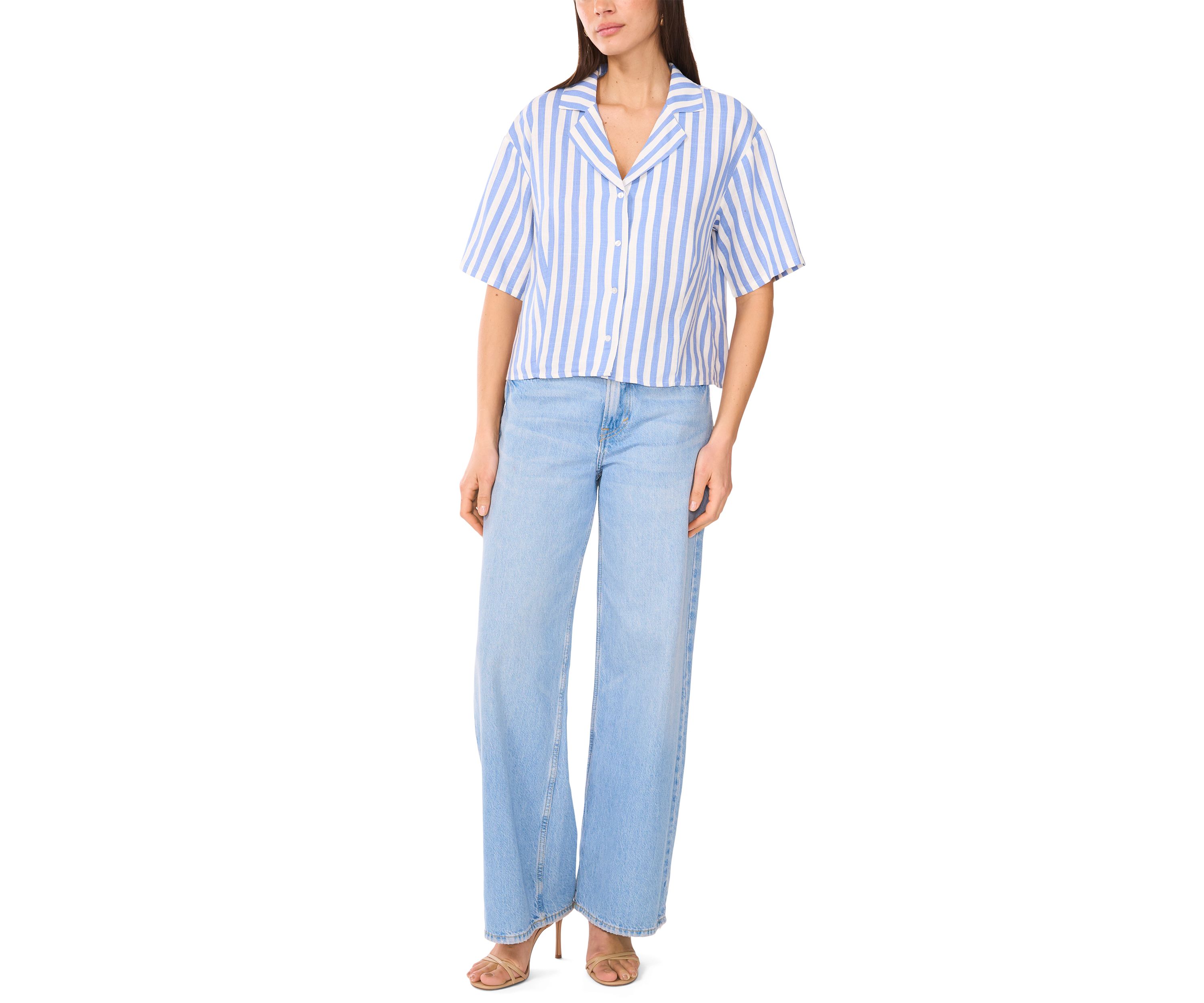 Womens Stripe Linen Blend Camp Shirt