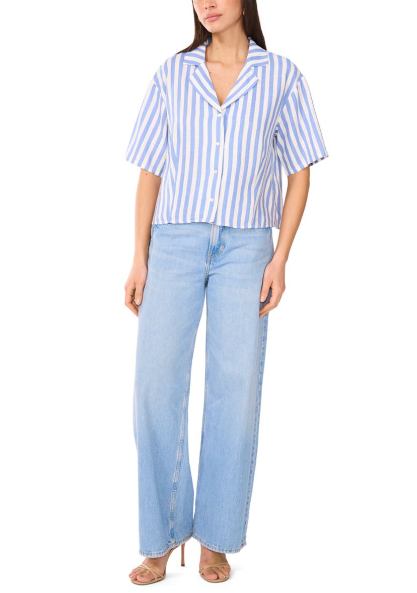 Womens Stripe Linen Blend Camp Shirt