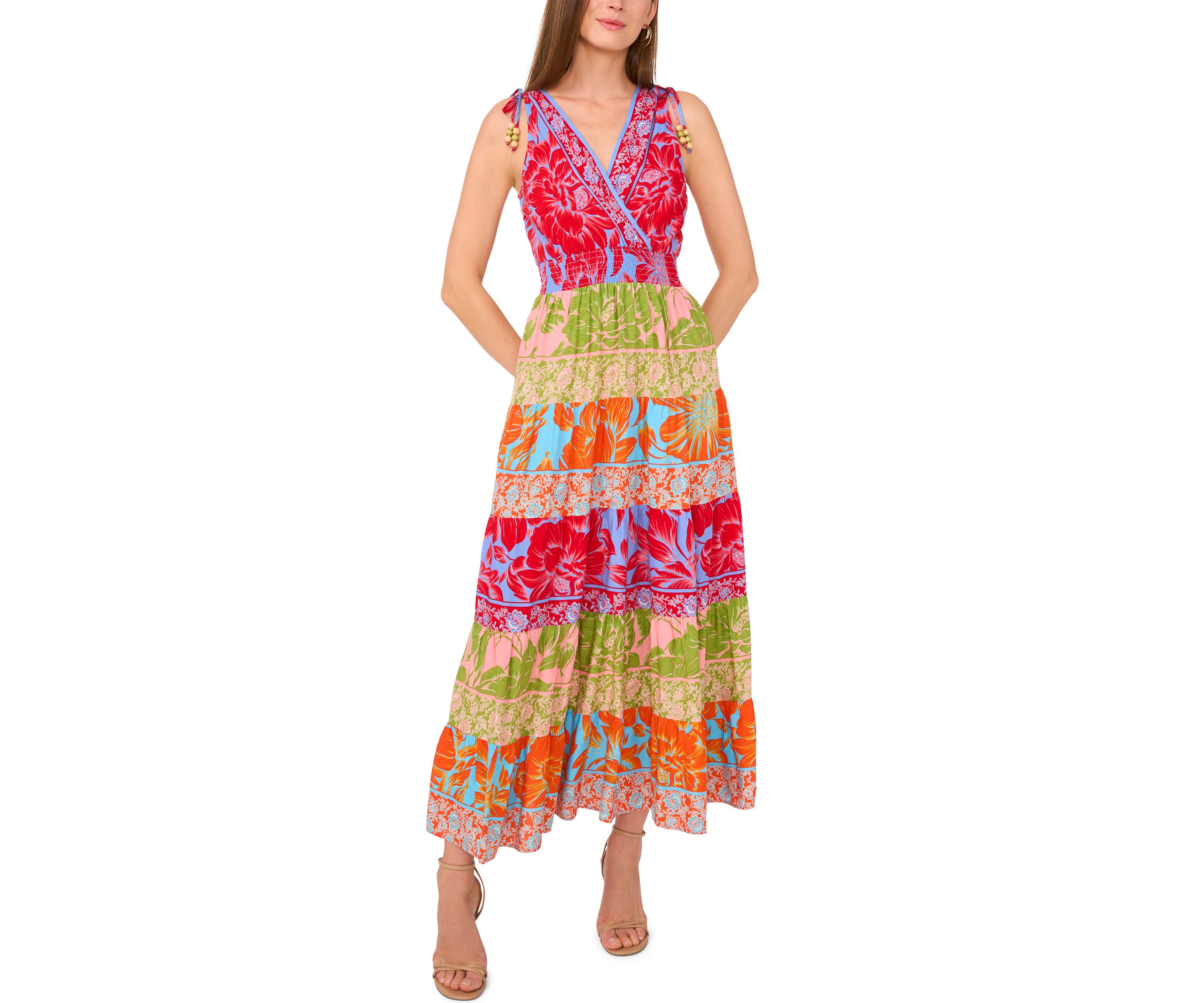 Womens Sleeveless Surplice Mixed Printed Maxi Dress