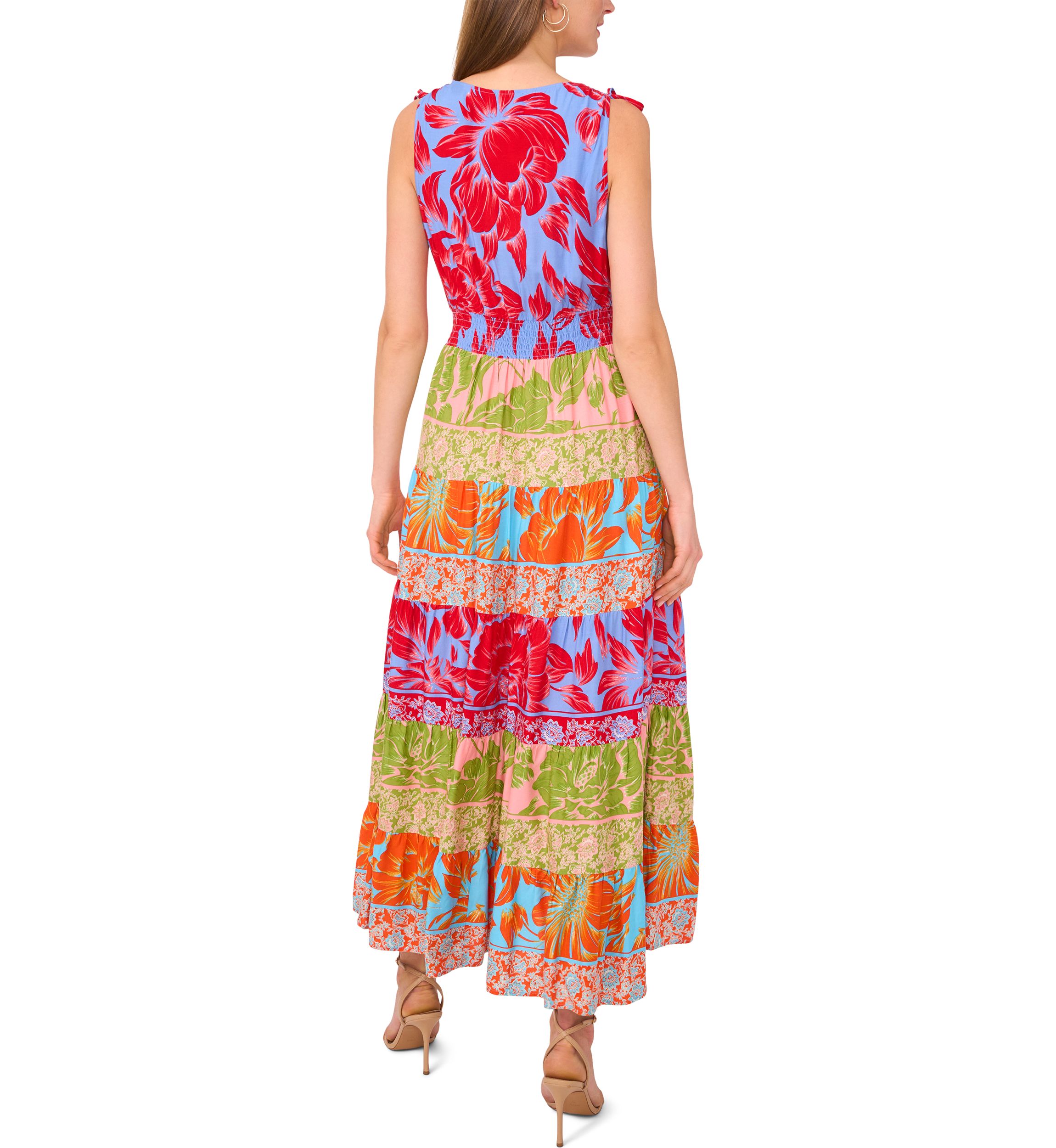 Womens Sleeveless Surplice Mixed Printed Maxi Dress