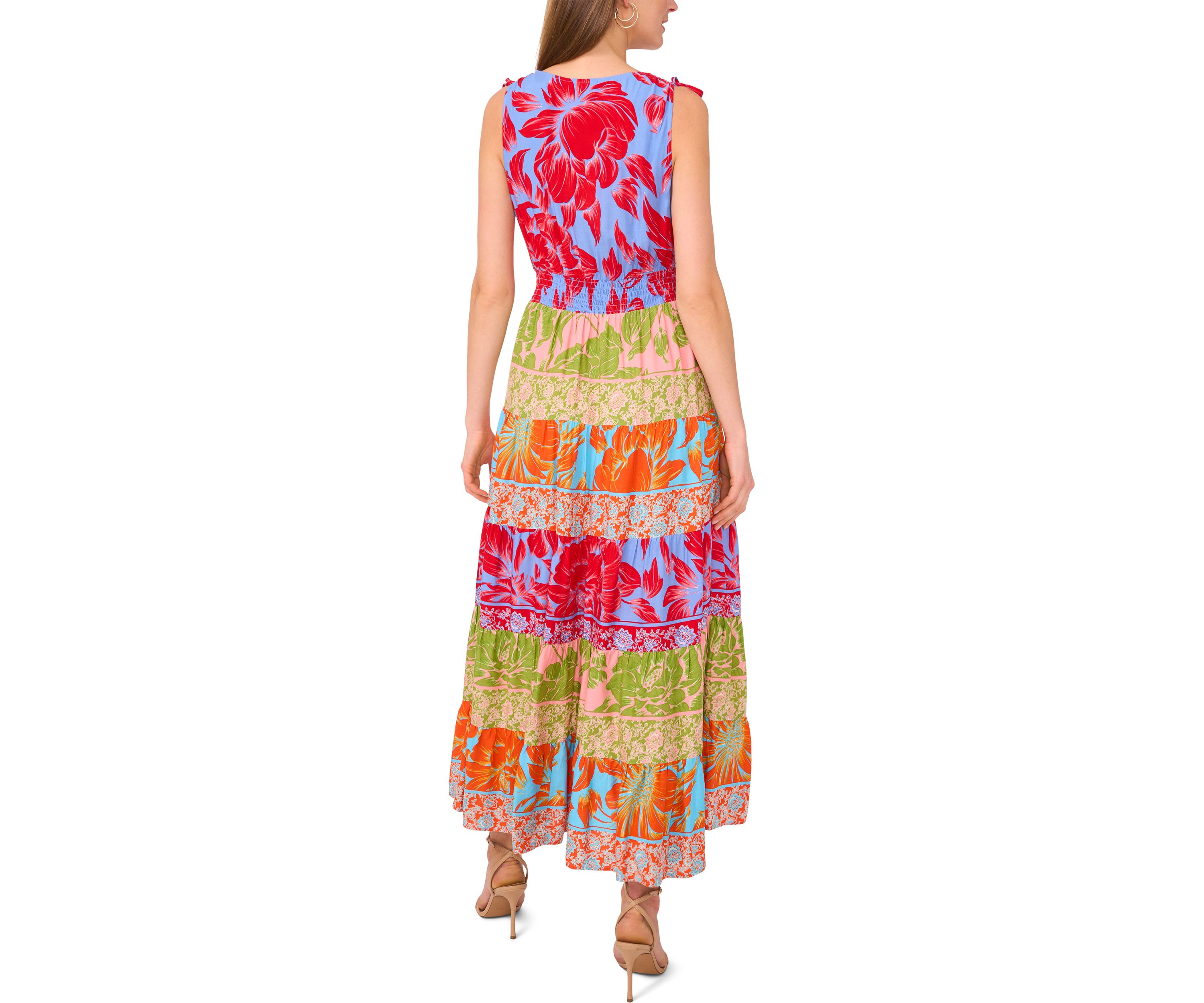 Womens Sleeveless Surplice Mixed Printed Maxi Dress