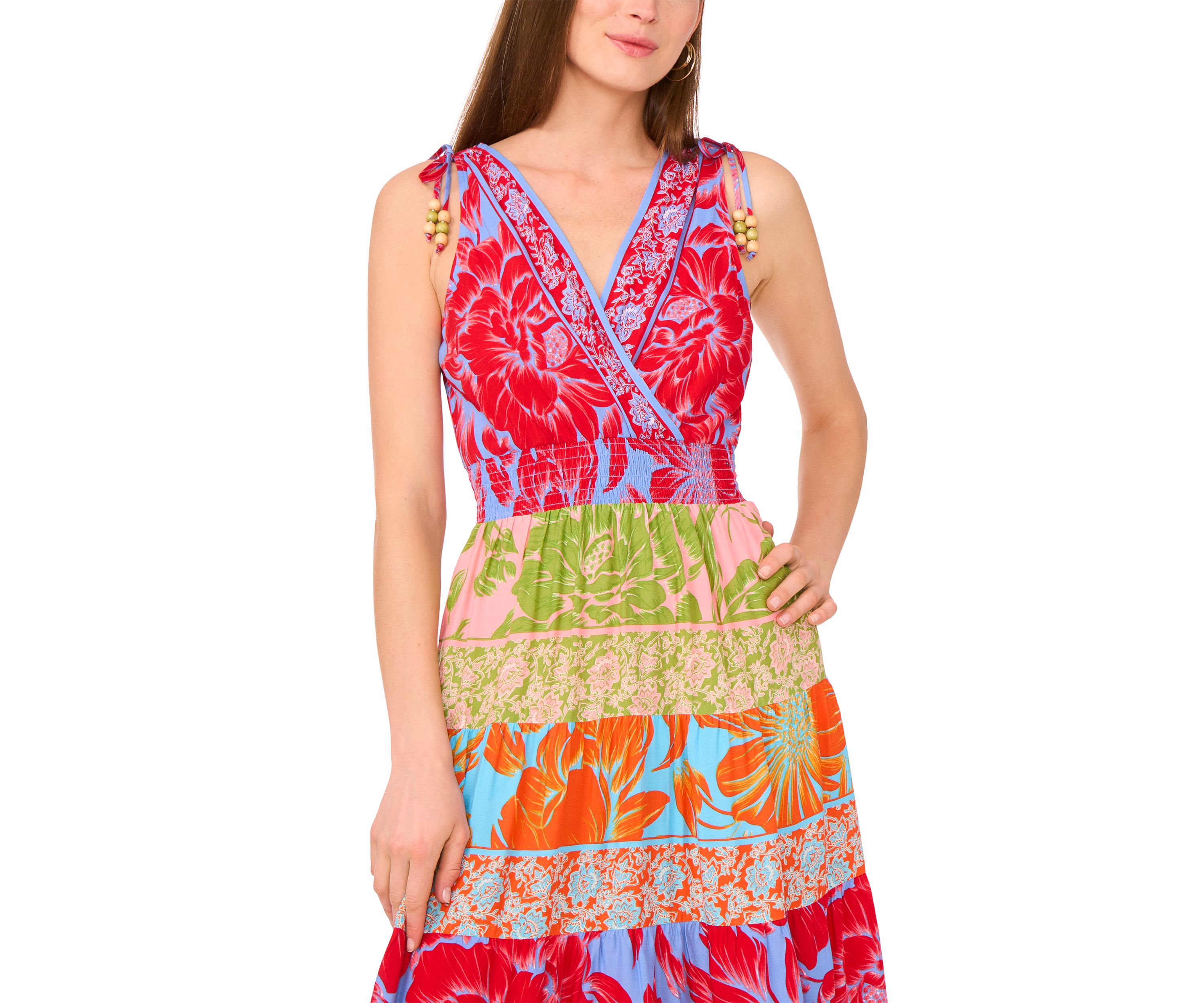 Womens Sleeveless Surplice Mixed Printed Maxi Dress