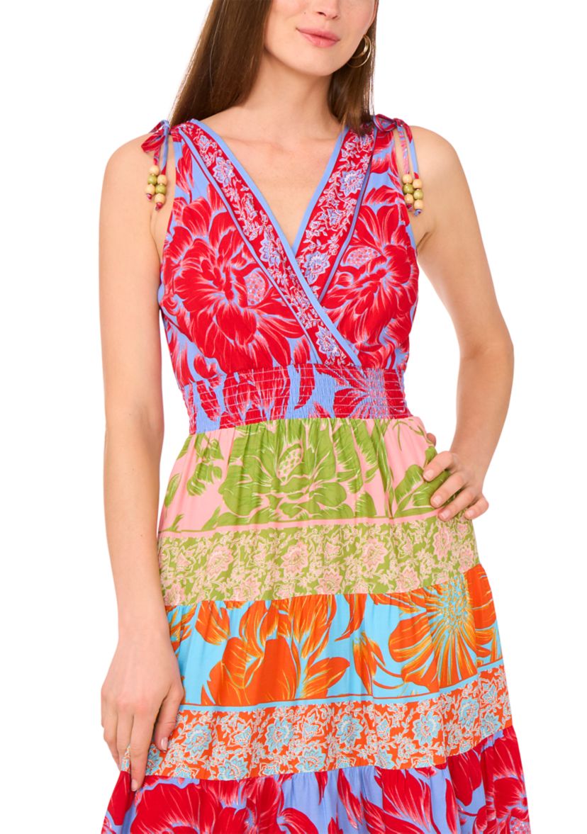 Womens Sleeveless Surplice Mixed Printed Maxi Dress