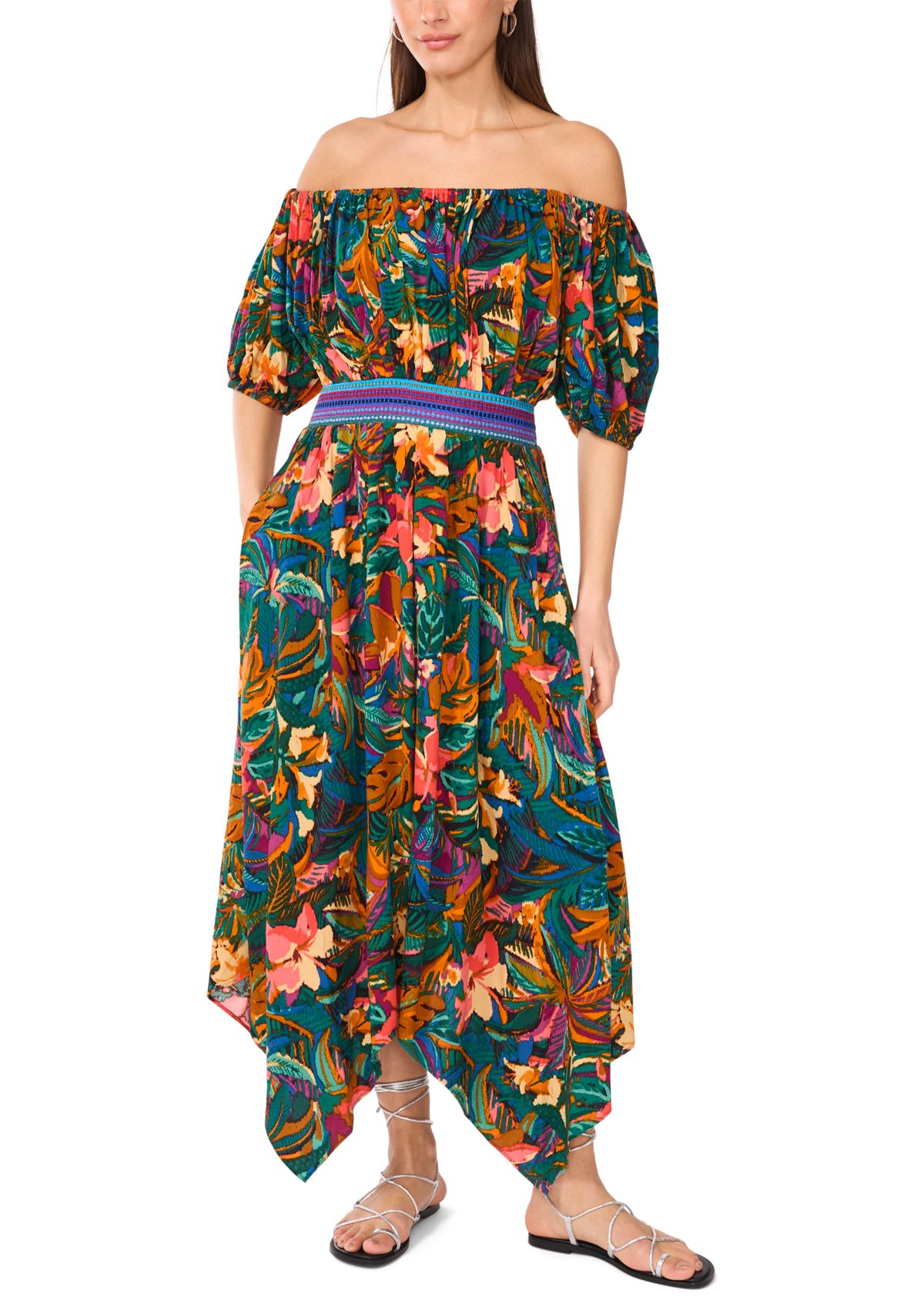 Womens Off the Shoulder Tropical Floral Smock Waist Maxi Dress