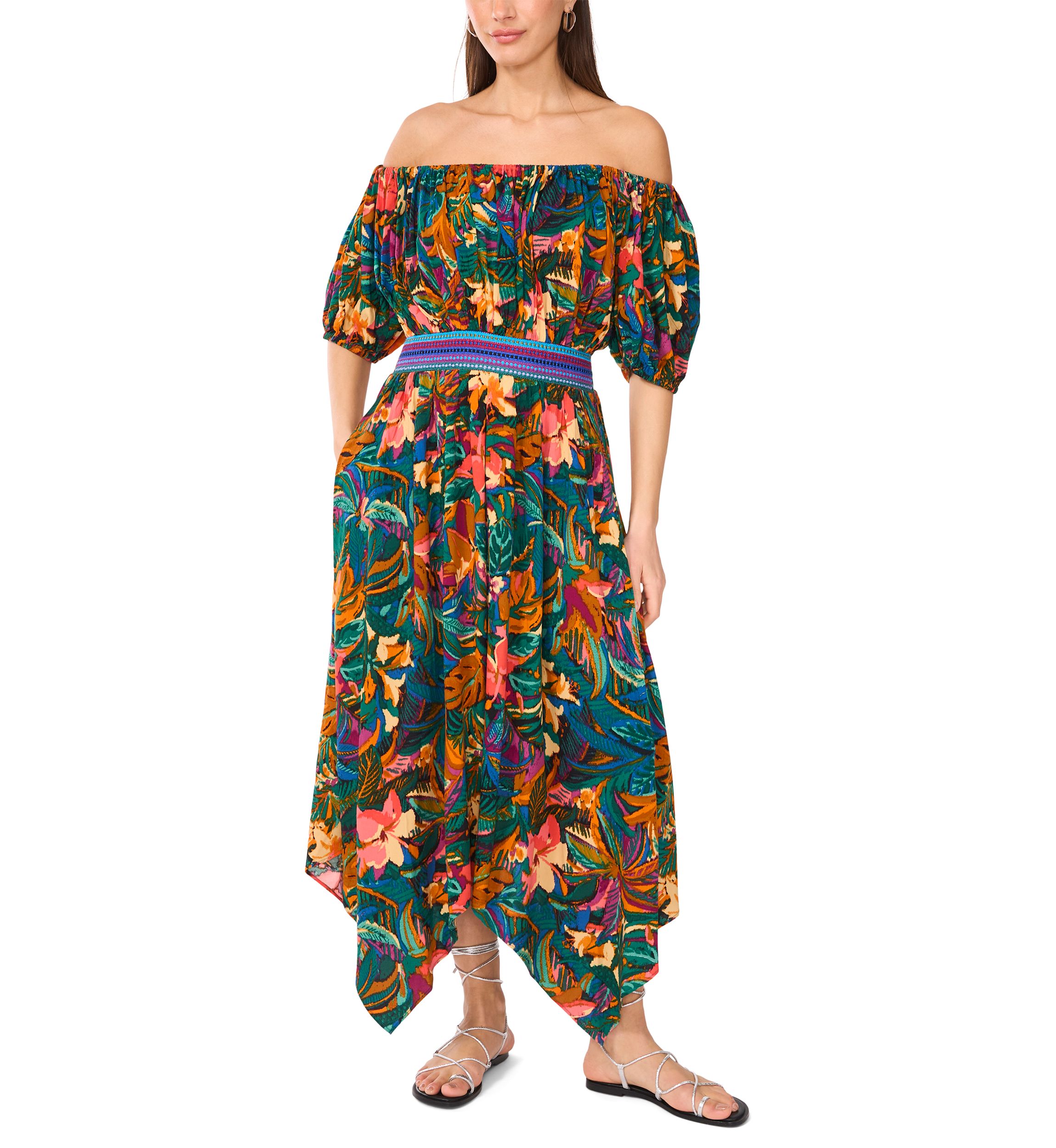 Womens Off the Shoulder Tropical Floral Smock Waist Maxi Dress