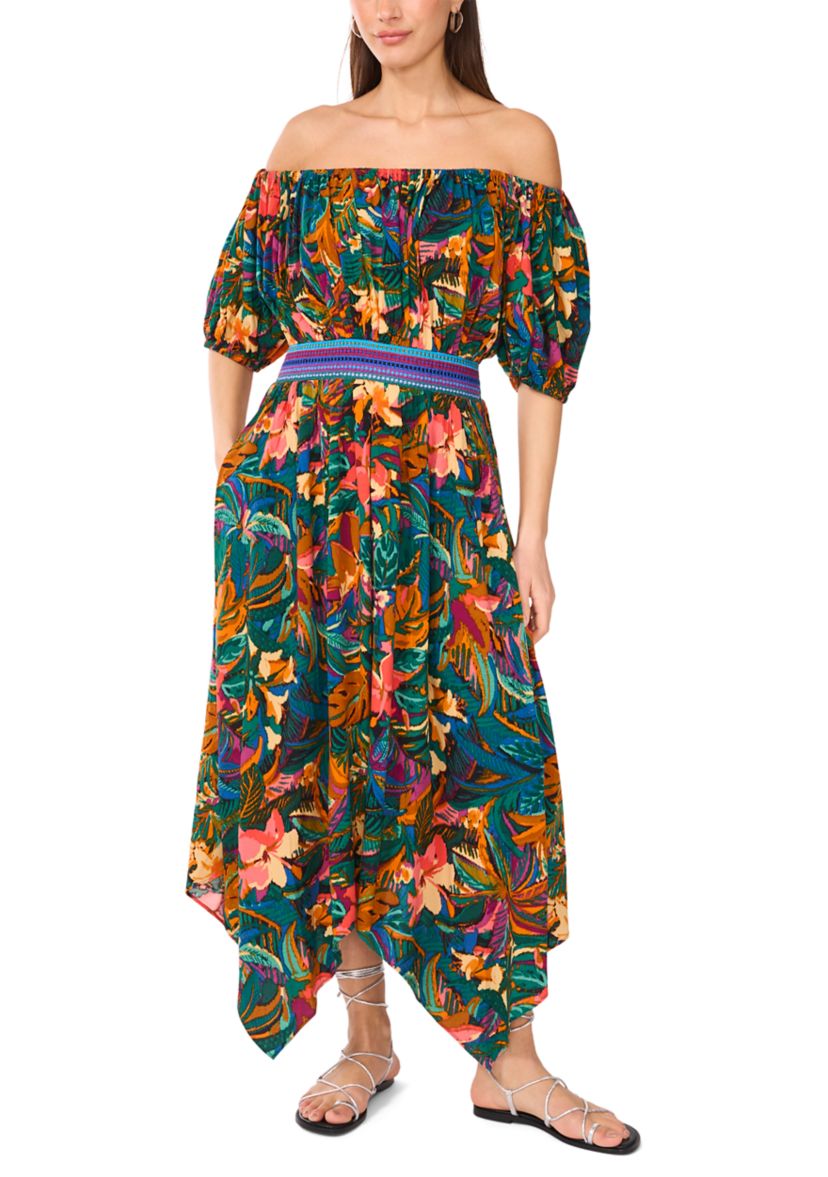 Womens Off the Shoulder Tropical Floral Smock Waist Maxi Dress