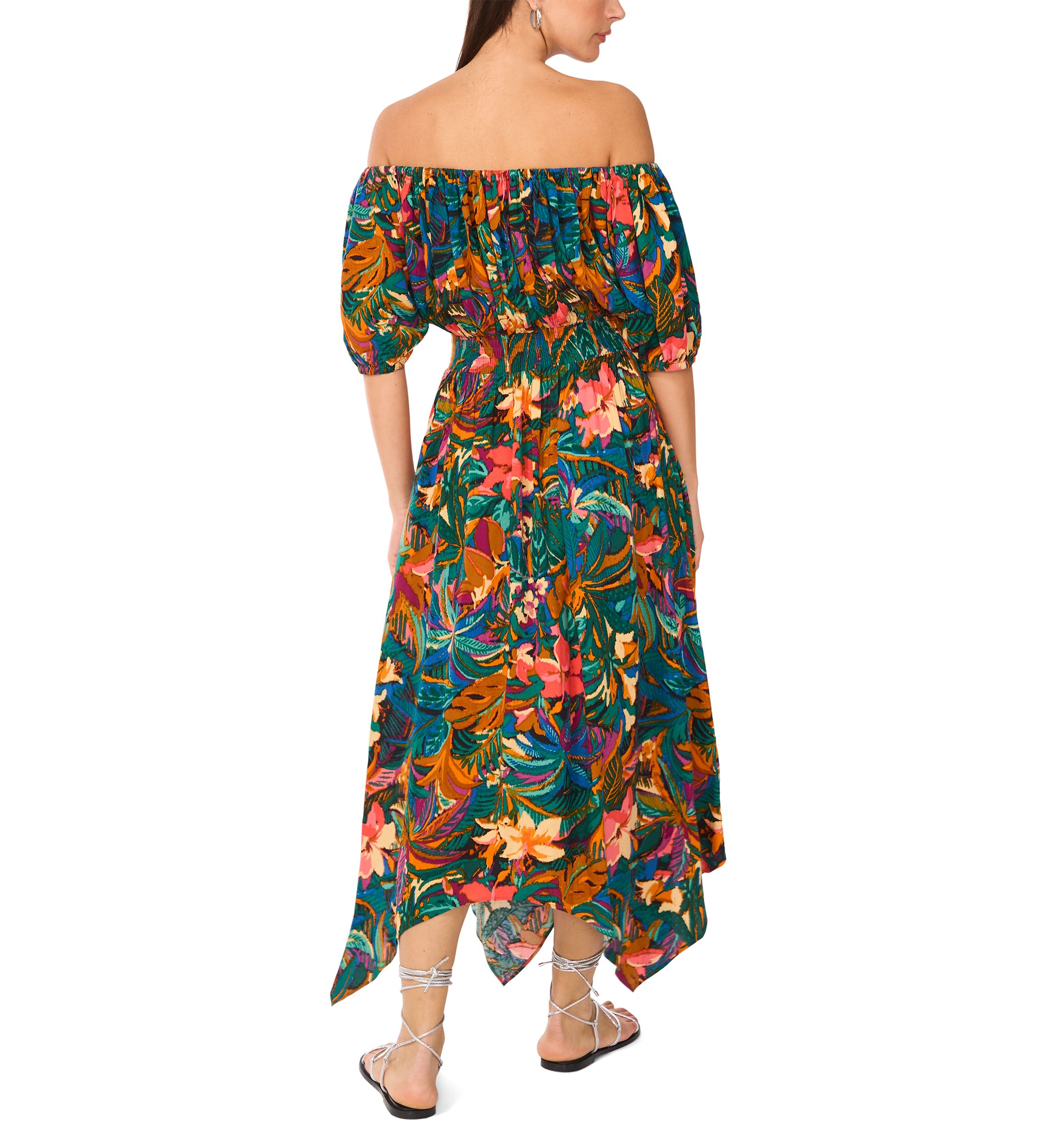 Womens Off the Shoulder Tropical Floral Smock Waist Maxi Dress