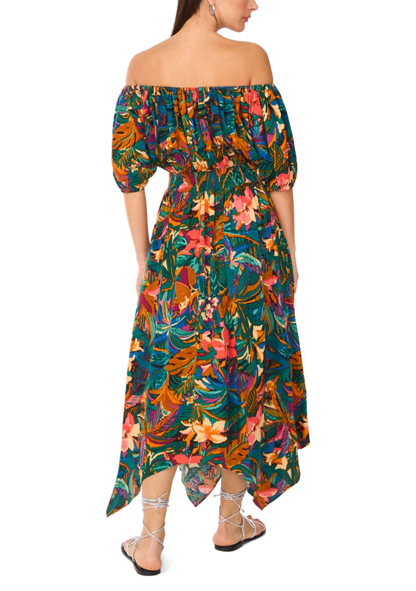 Womens Off the Shoulder Tropical Floral Smock Waist Maxi Dress