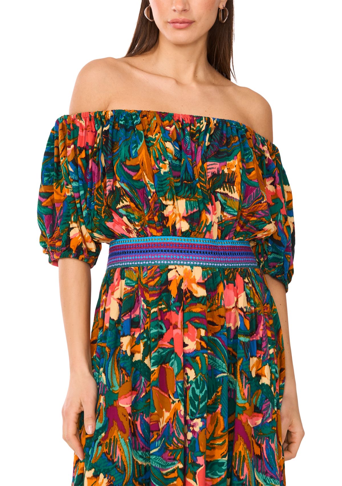 Womens Off the Shoulder Tropical Floral Smock Waist Maxi Dress