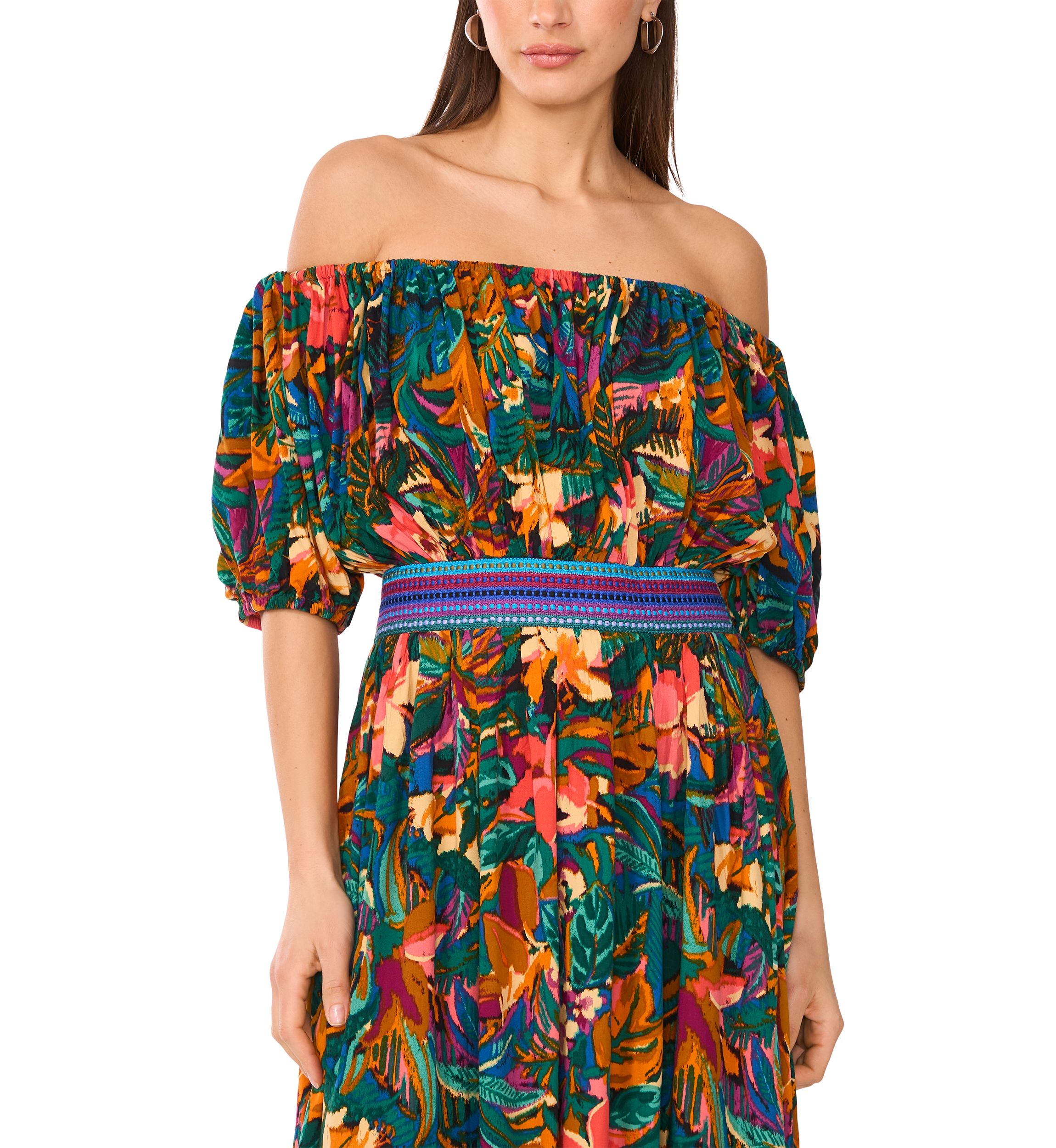 Womens Off the Shoulder Tropical Floral Smock Waist Maxi Dress