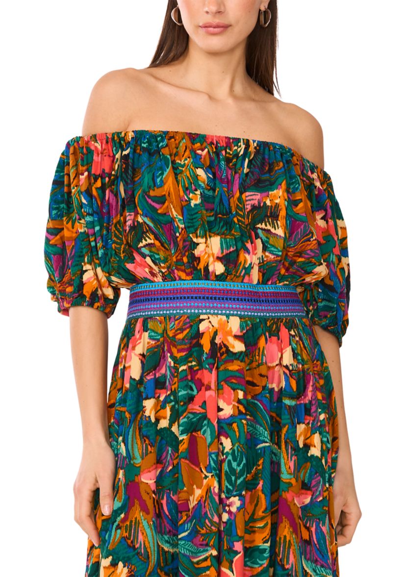 Womens Off the Shoulder Tropical Floral Smock Waist Maxi Dress