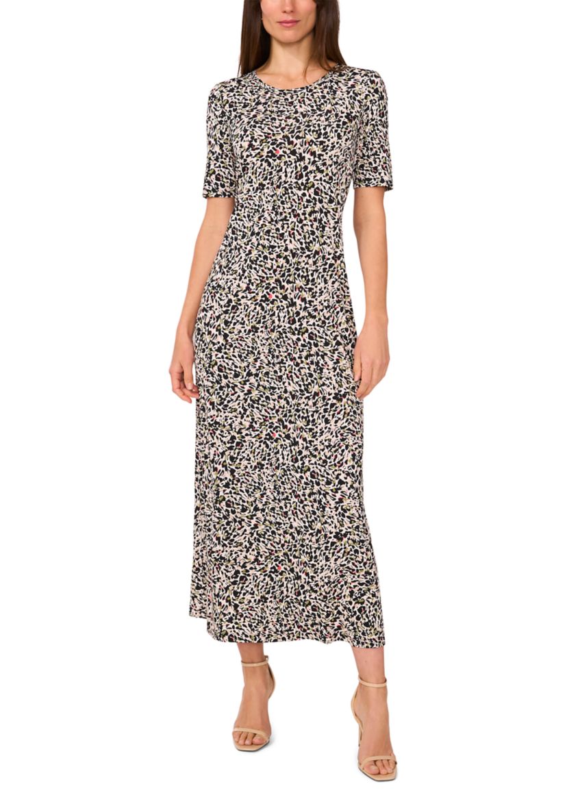 Womens Short Sleeve Animal Print Midi Dress