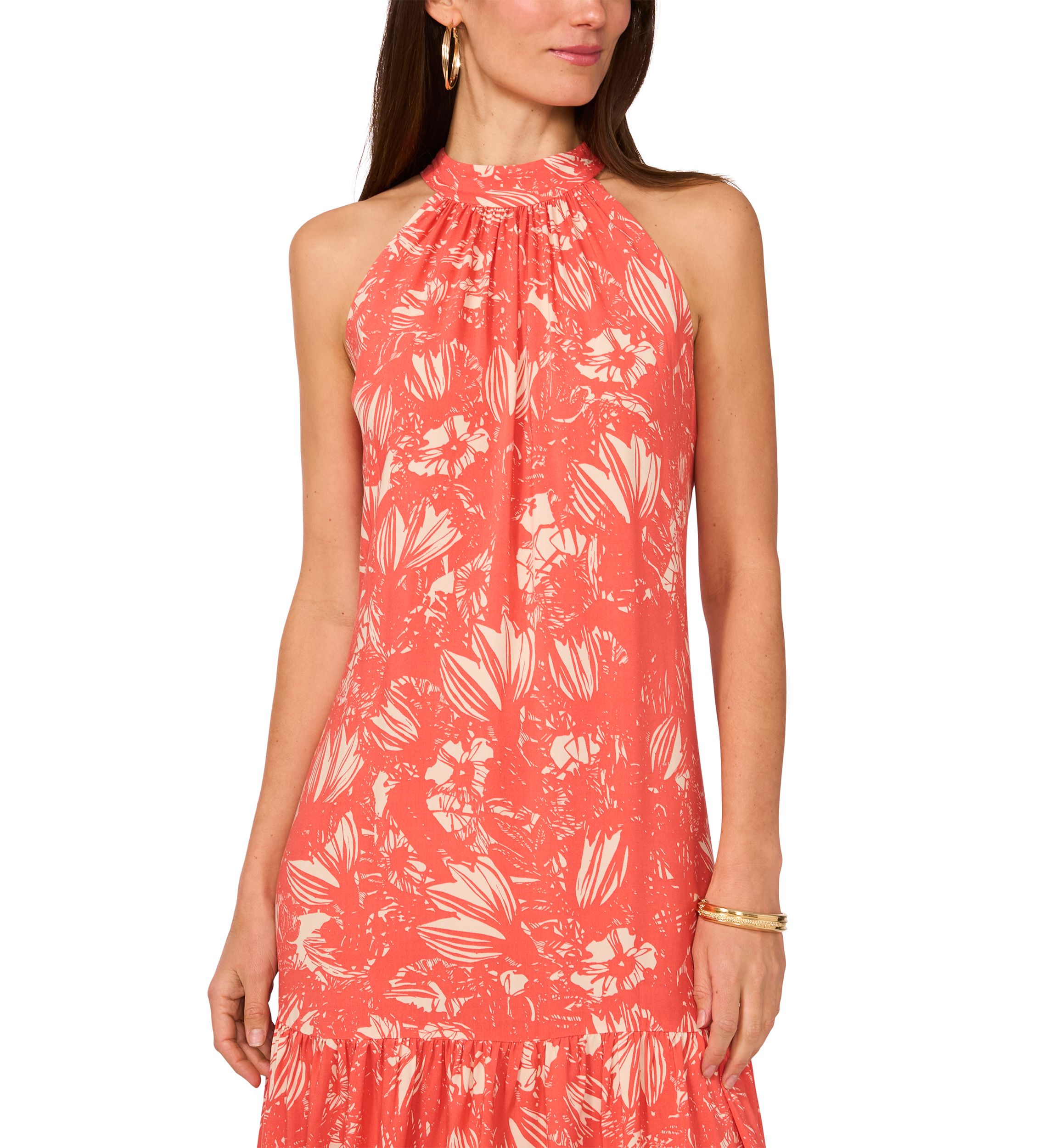 Womens Floral Printed Halter Chalis Dress