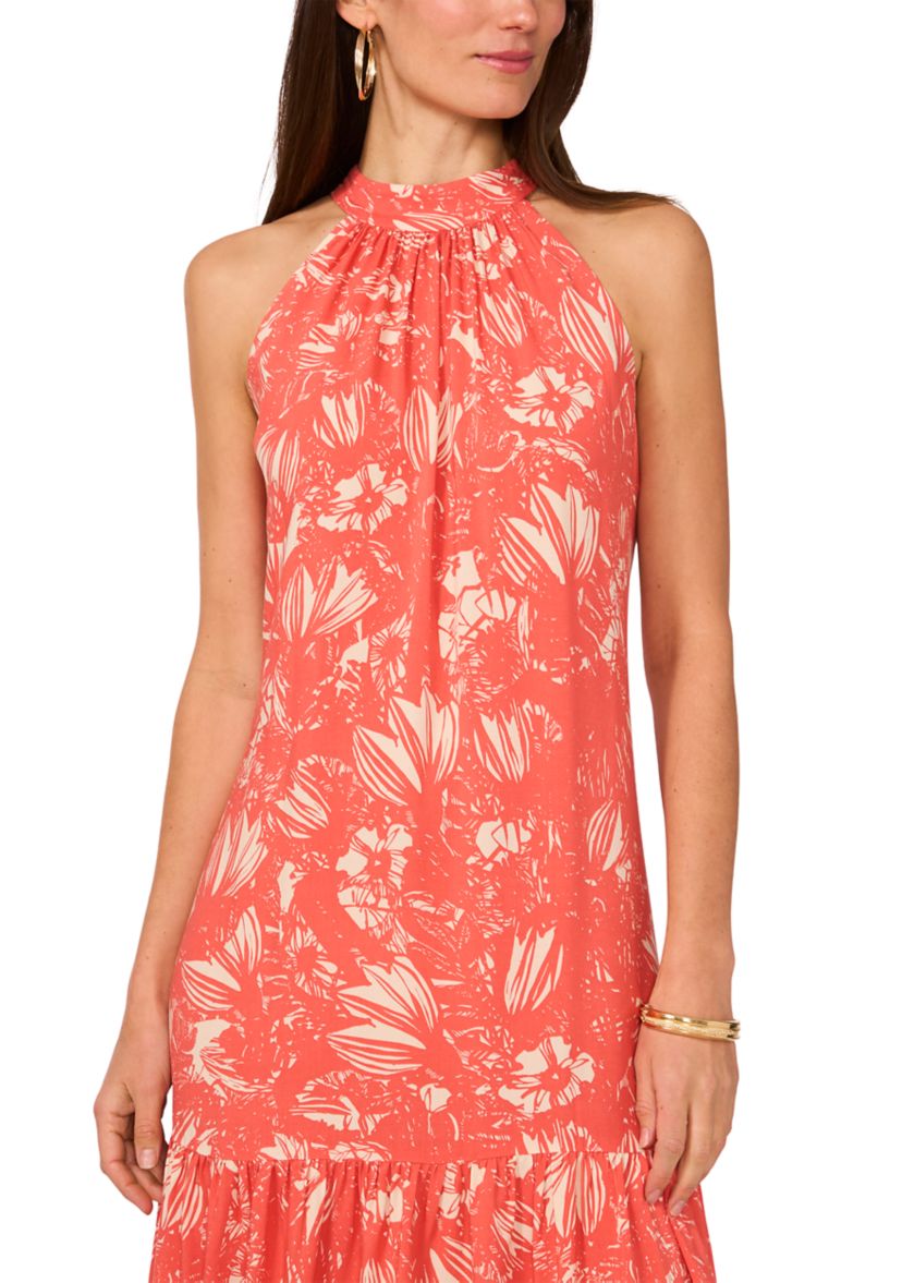 Womens Floral Printed Halter Chalis Dress