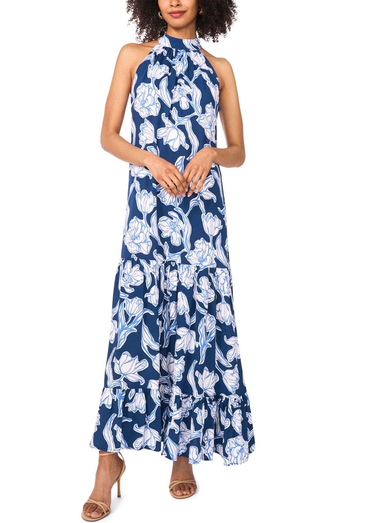 Womens Floral Printed Halter Chalis Dress