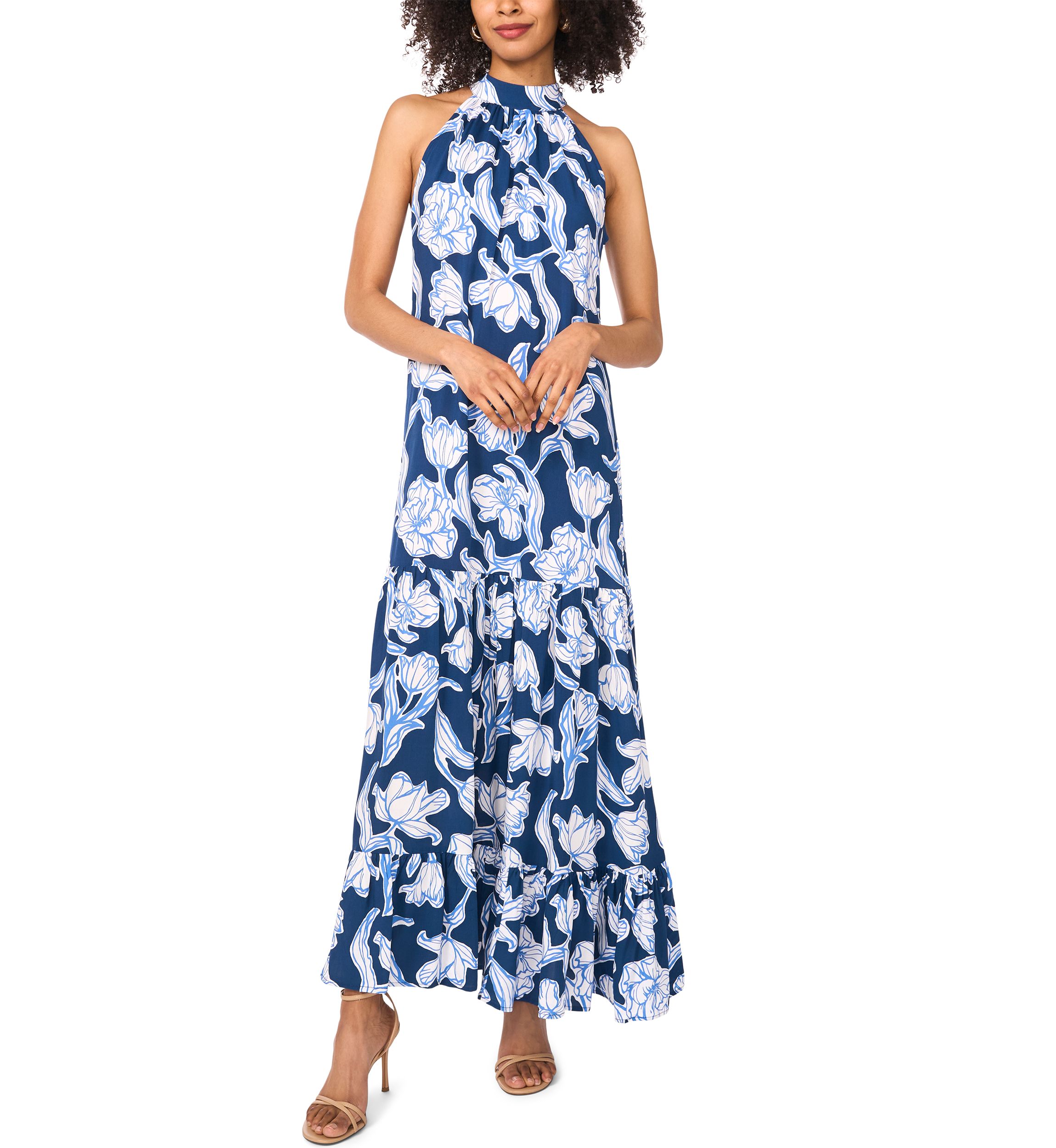 Womens Floral Printed Halter Chalis Dress