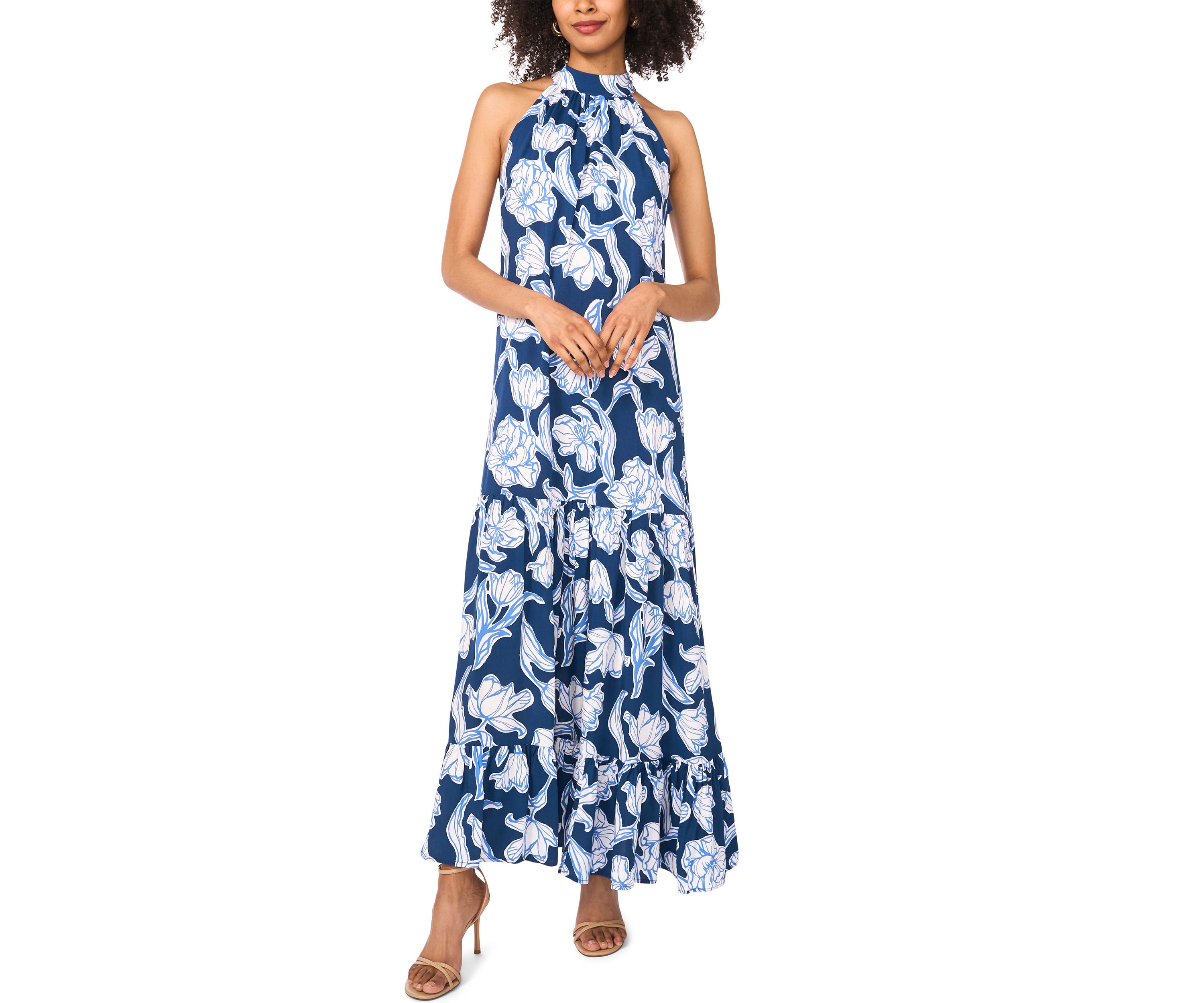 Womens Floral Printed Halter Chalis Dress