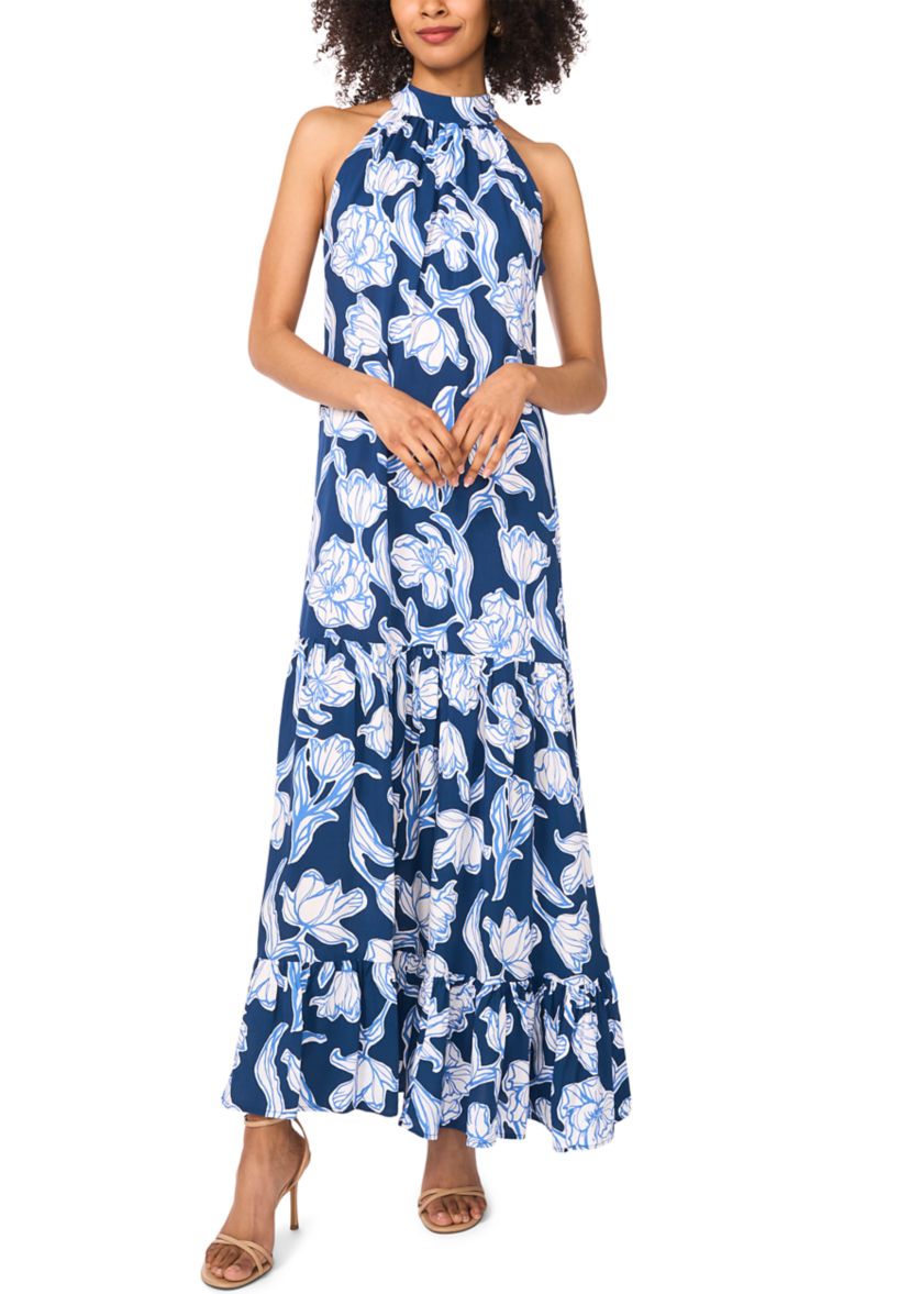 Womens Floral Printed Halter Chalis Dress