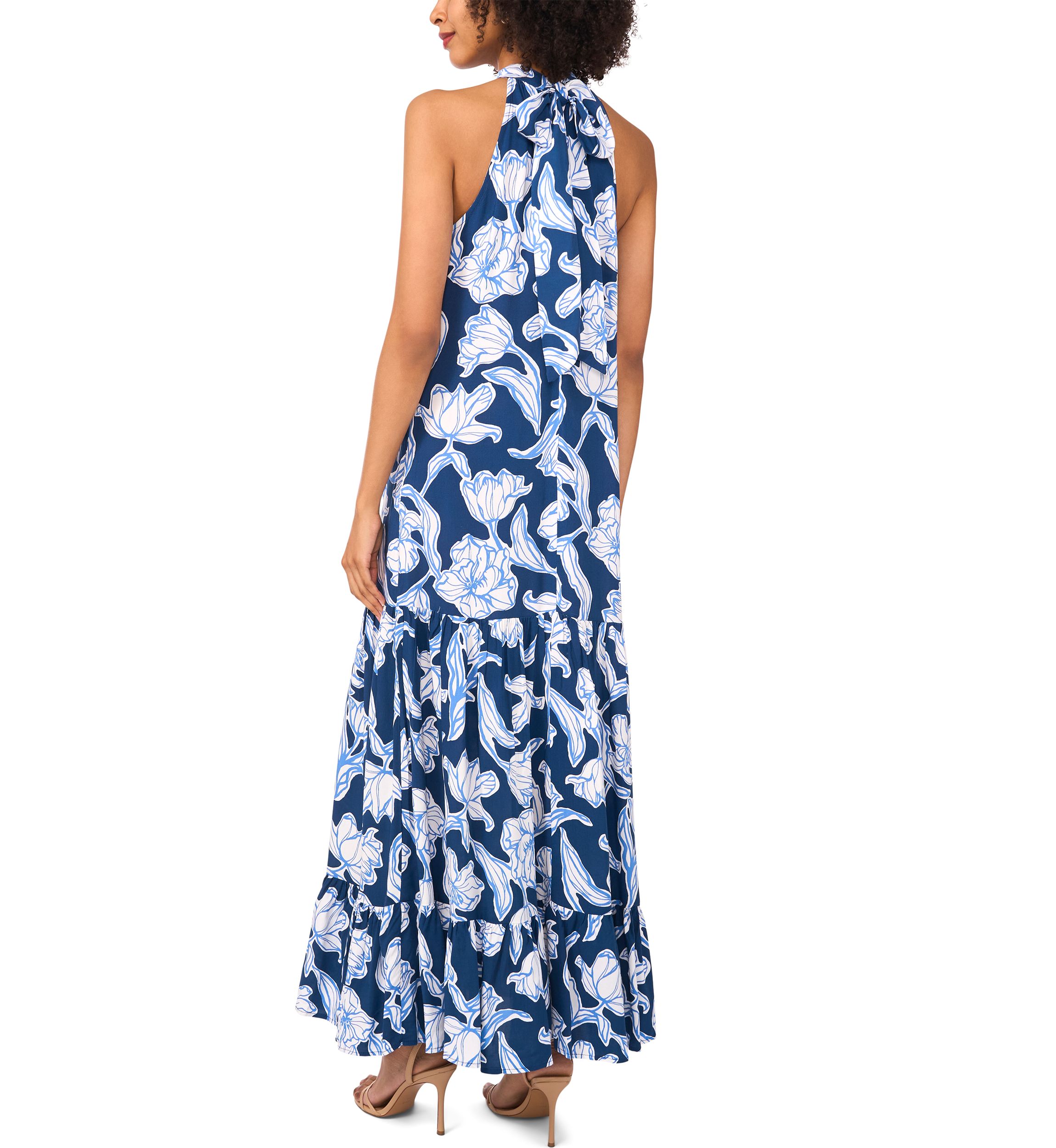 Womens Floral Printed Halter Chalis Dress